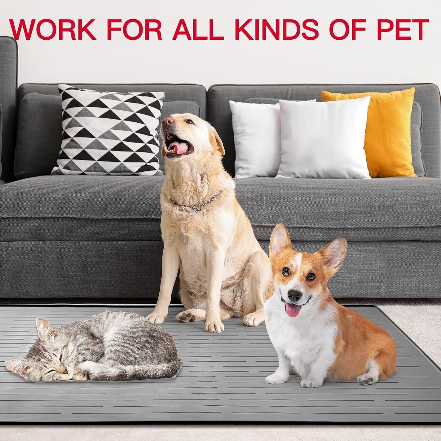 32" x 24" Large Pet Food Mat, Silicone Dog Mats for Food and Water, Nonslip Pet Feeding Mats for Floors,Dog Cat Bowl Mat with Raised Edges, Lake Blue