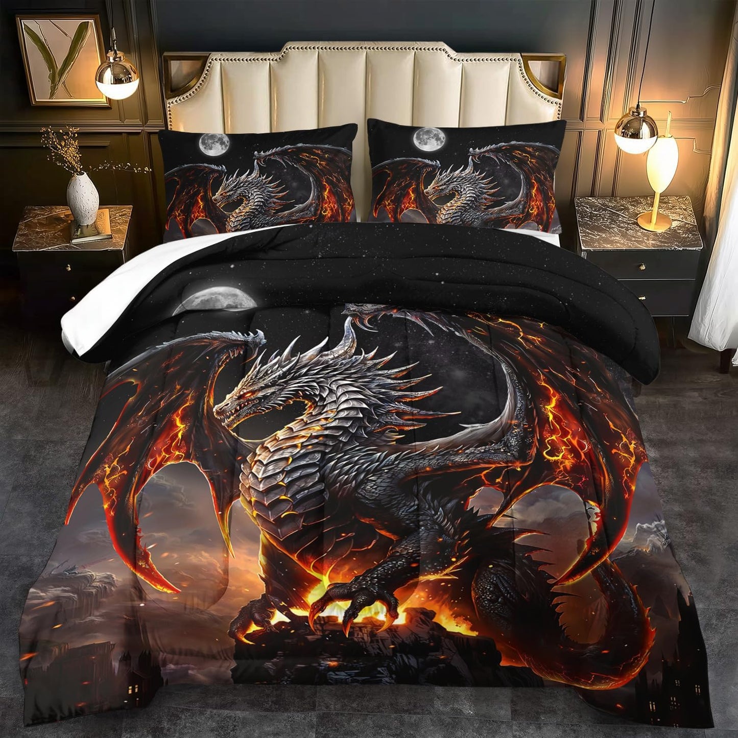 Black Dragon Comforter Set King Adult,Flame Dragon Bedding Set for Boys,Magical Beast Bedding Fantasy Animal Comforter Beedroom Decor,Magical Beast Quilt Bed Decor