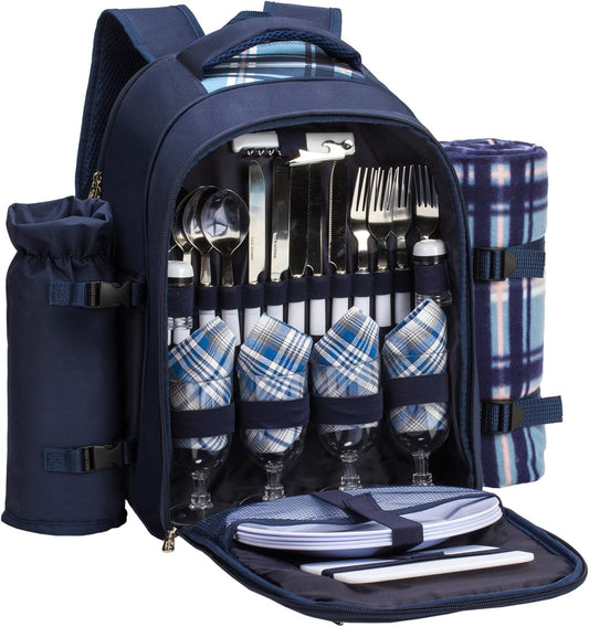 Apollo walker Picnic Backpack Set for 4 with Cooler Compartment,Detachable Bottle/Wine Holder Including Large Picnic Blanket(45"x 53") for Picnic Family and Lovers Gifts,Outdoor,BBQ Time (Blue)