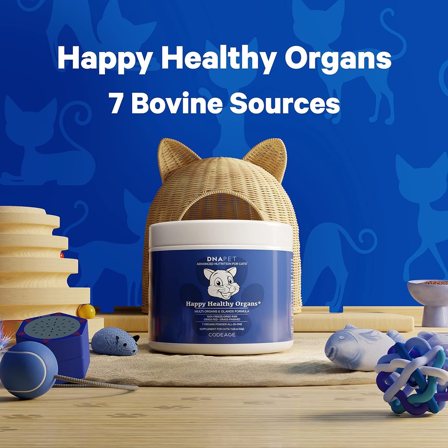 Happy Healthy Organs & Glands Supplement For Cats, Freeze-Dried Raw Bovine Liver Grass-Fed Bone Marrow Heart Kidney Pancreas, Bovine Thymus Iron Multi Organ Powder, Joints Cat Vitamins 1.48 oz