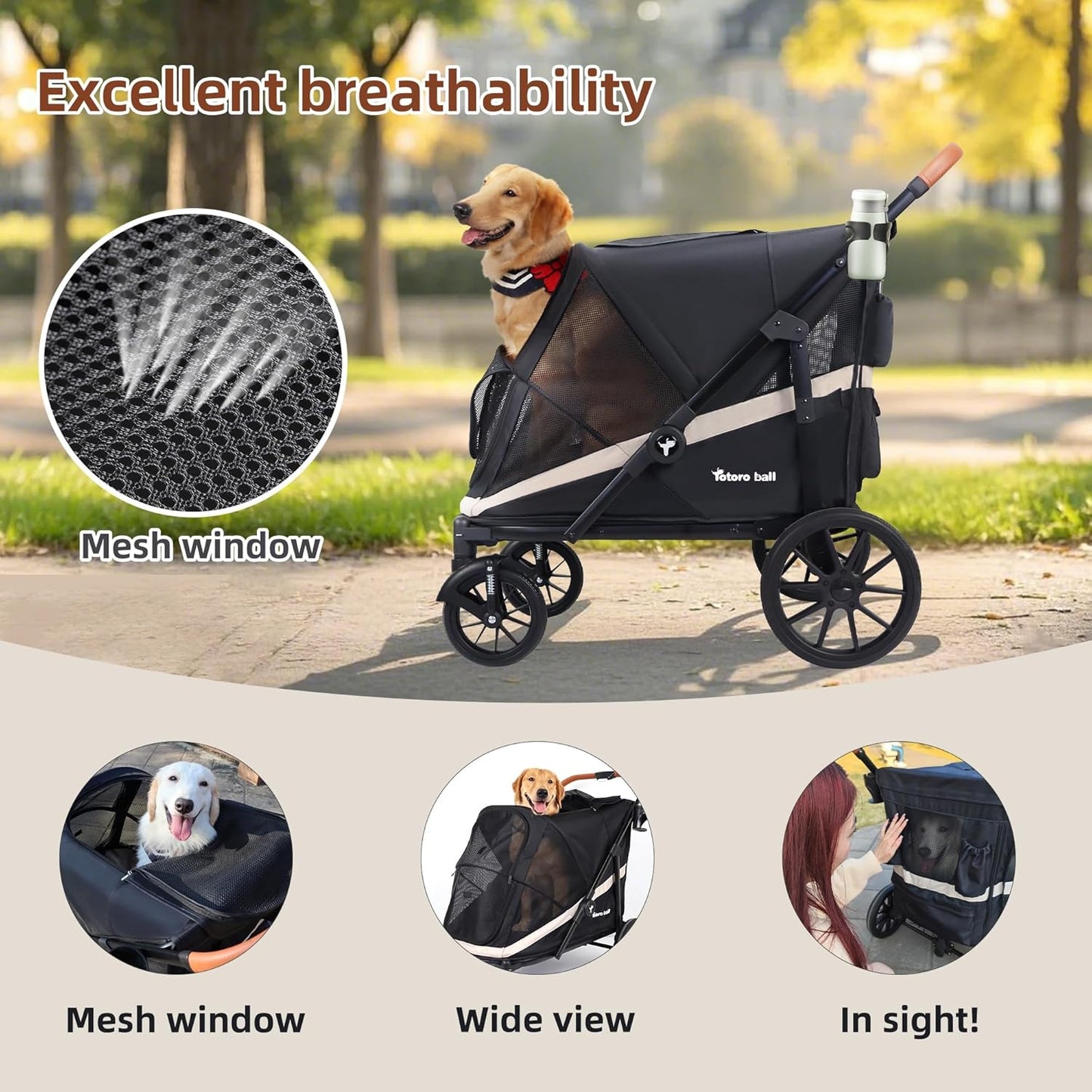 Dog Stroller for Large Dogs One-Click Folding 4 Wheel Foldable Dog Stroller for 2 Dogs with Storage Pocket Suitable for Pets Up to 110LBS (Black, Large)