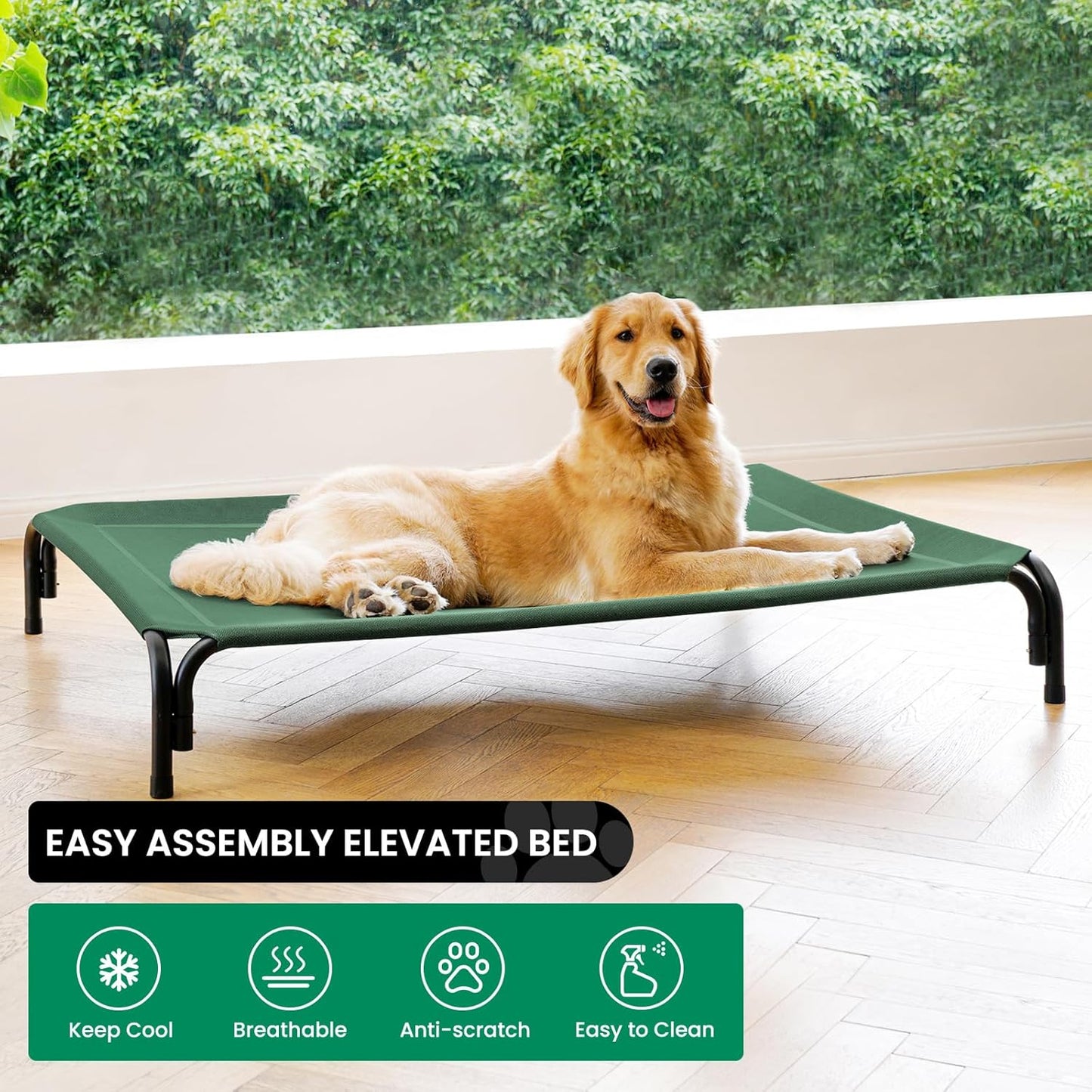 Elevated Dog Bed Raised Outdoor Dog Cot for Large Dogs, Installation Requires No Tools, Frame with Washable Cooling Breathable Mesh Anti-Slip Feet, Indoor Pet Bed, Green, 43.3 Inches
