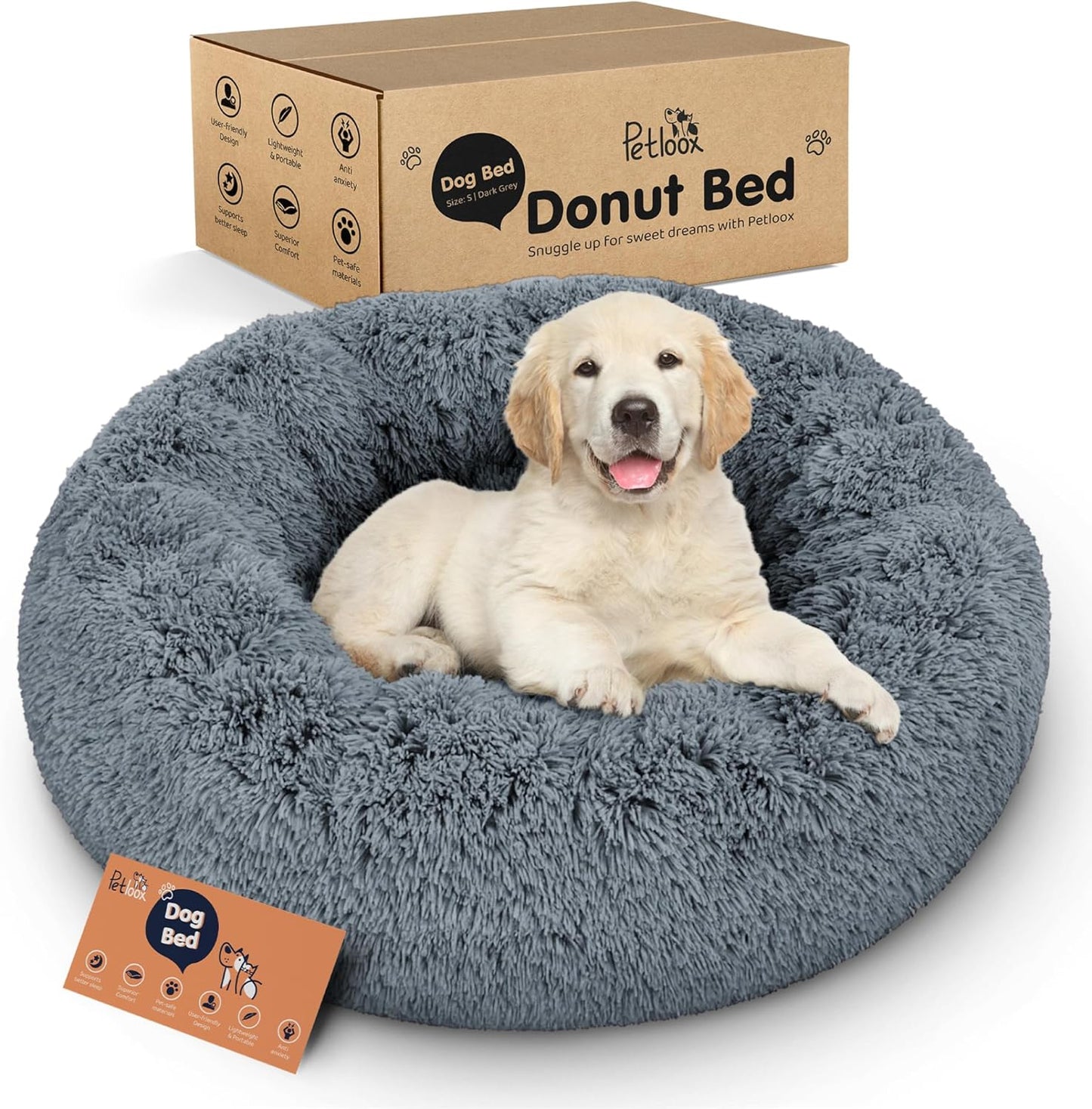 Donut Dog Bed - Premium Comfort for Anxiety Relief - Fluffy & Calming Design with Ultra-Plush Support | Cozy Round Dog Bed with Super Soft Circle Style (Size S Dark Grey)