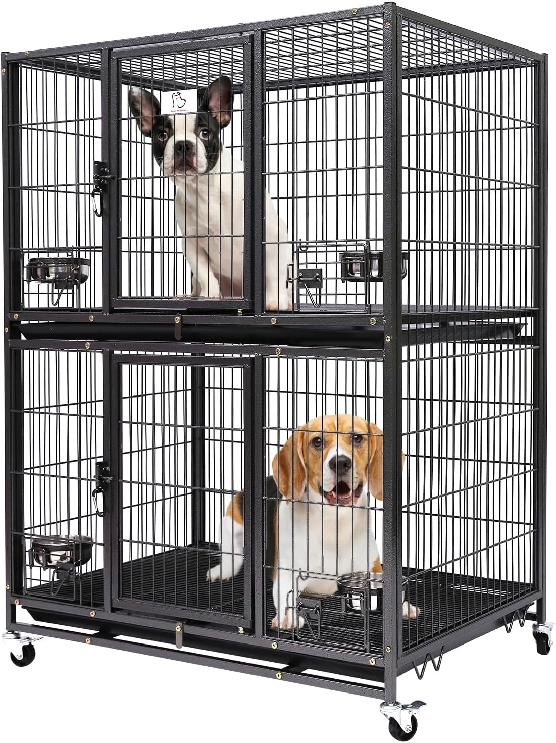Homey Pet Two Tiers 37 Inch Dog Crate Cage Kennel with Feeding Door and Bowls, Lockable Wheels and Removable Tray, Escape Proof Metal Wire Heavy Duty Dog Crates for Medium/Small Sized Dogs (4 Pack)