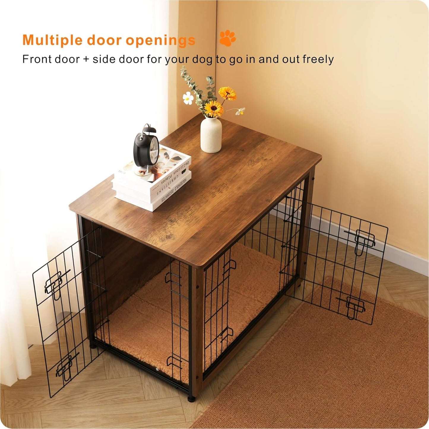 DWANTON Dog Crate Furniture with Cushion, Wooden Kennel Table with Double Doors, Indoor Dog House, Medium Size, 32.5" L, Warm Brown