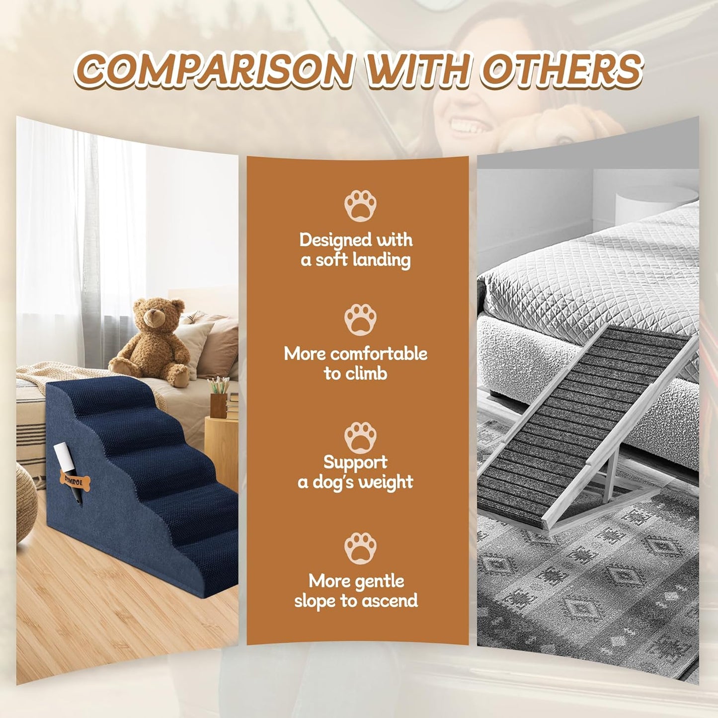 Dog Stairs, Romrol Dog Steps Ramp for High Bed and Couch, Dogs Ramp with Durable Non-Slip Waterproof Fabric Cover, Pet Stairs for Small Dogs and Cats or Pets Joints, 4-TiersNay