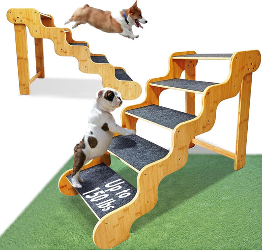 Dog Steps for Bed,24 Inches 5 Step Dog Stairs for Senior Pets to Get On 30 Inches High Beds/Car,Made of Bamboo Can Support Large Dogs Weighing Up to 160 LB