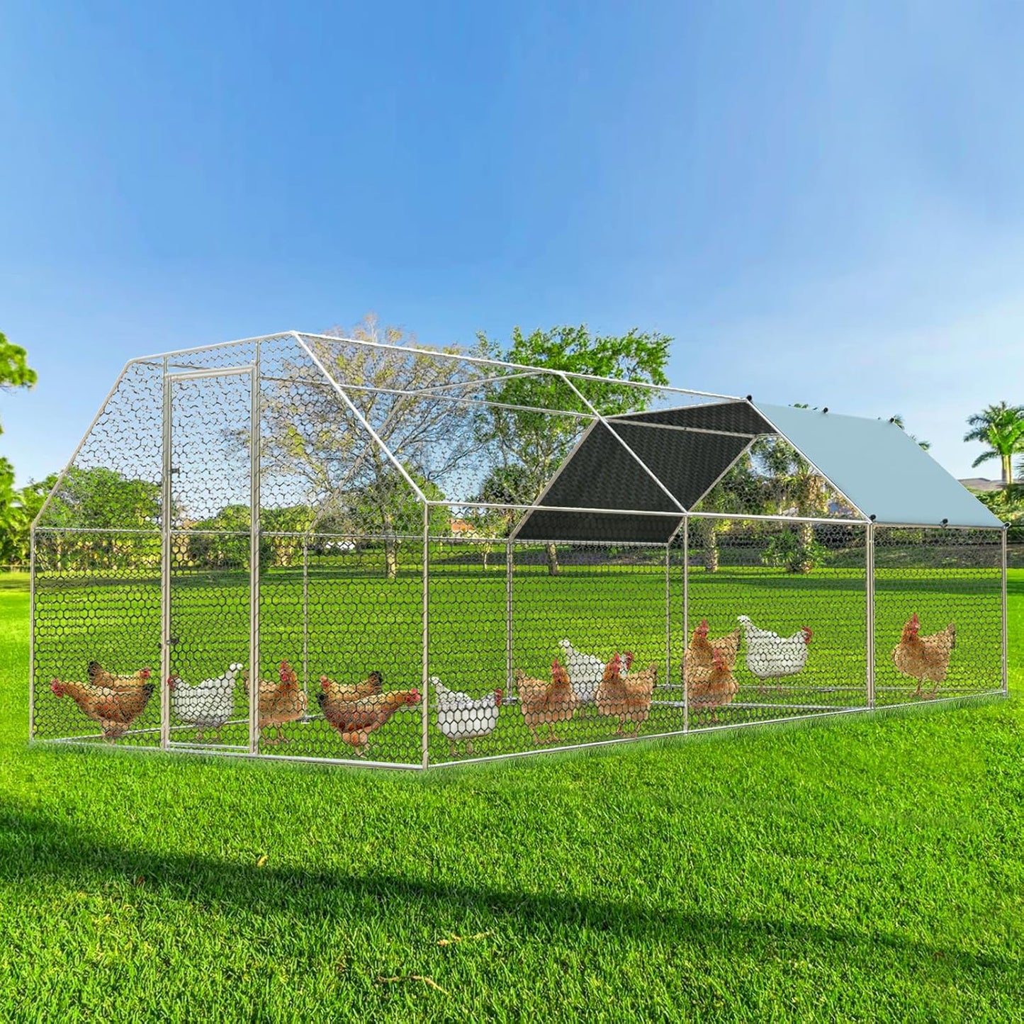 4ever2buy Large Metal Chicken Coop with Run Walk-in Poultry, Cage Chicken Runs House Pen Cage, Flat Roofed Chicken Coops with Anti-Ultraviolet Cover for Outdoor, Yard Farm, Use 9.2’Lx18.7’Wx6.4’H
