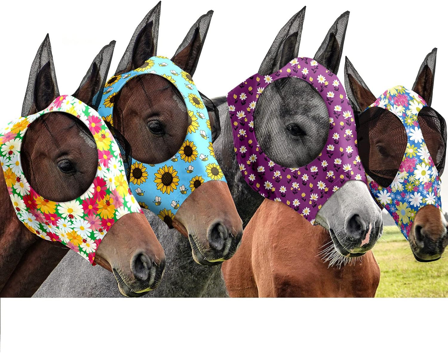 Frienda 4 Pieces Horse Fly Masks with Ears Face Covering UV Protection from Insect Pests Elasticity Smooth Comfortable Mesh Horse Mask Accessories(Flower,Large)