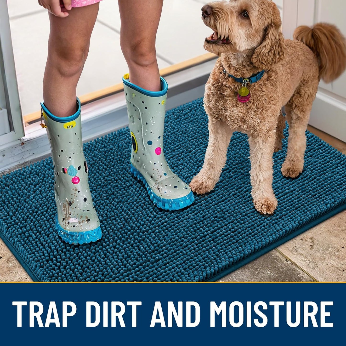 Smiry Dog Door Mat for Muddy Paws 70x24, Absorbs Moisture and Dirt Doormat, Non-Slip Washable Quick Dry Chenille Front Door Mat Indoor Entrance, Entryway Carpet for Inside Floor, Atlantic Blue