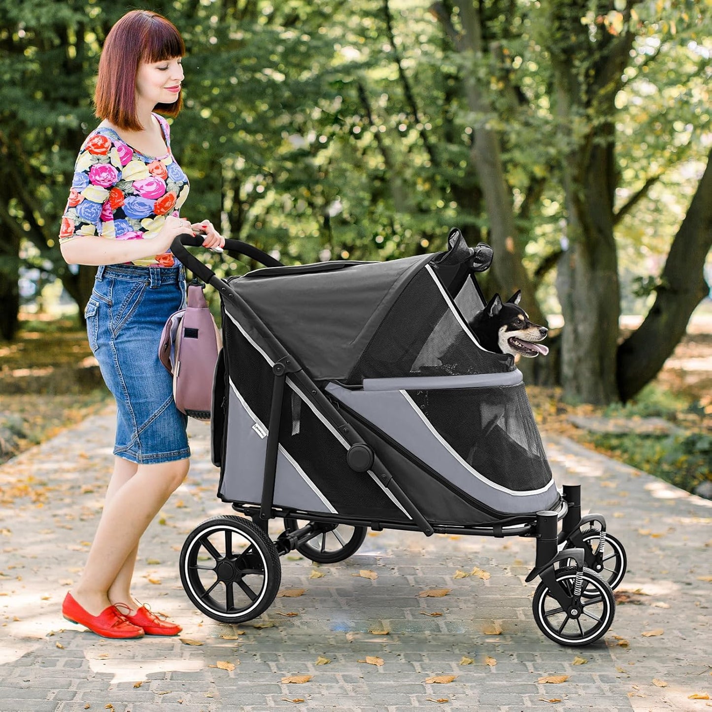 Dog Stroller for Medium/Large Dogs One-Click Folding, Extra Large Pet Stroller for 2 Dogs with Storage Pocket & Shock Absorption, Up to 130 lbs, Grey