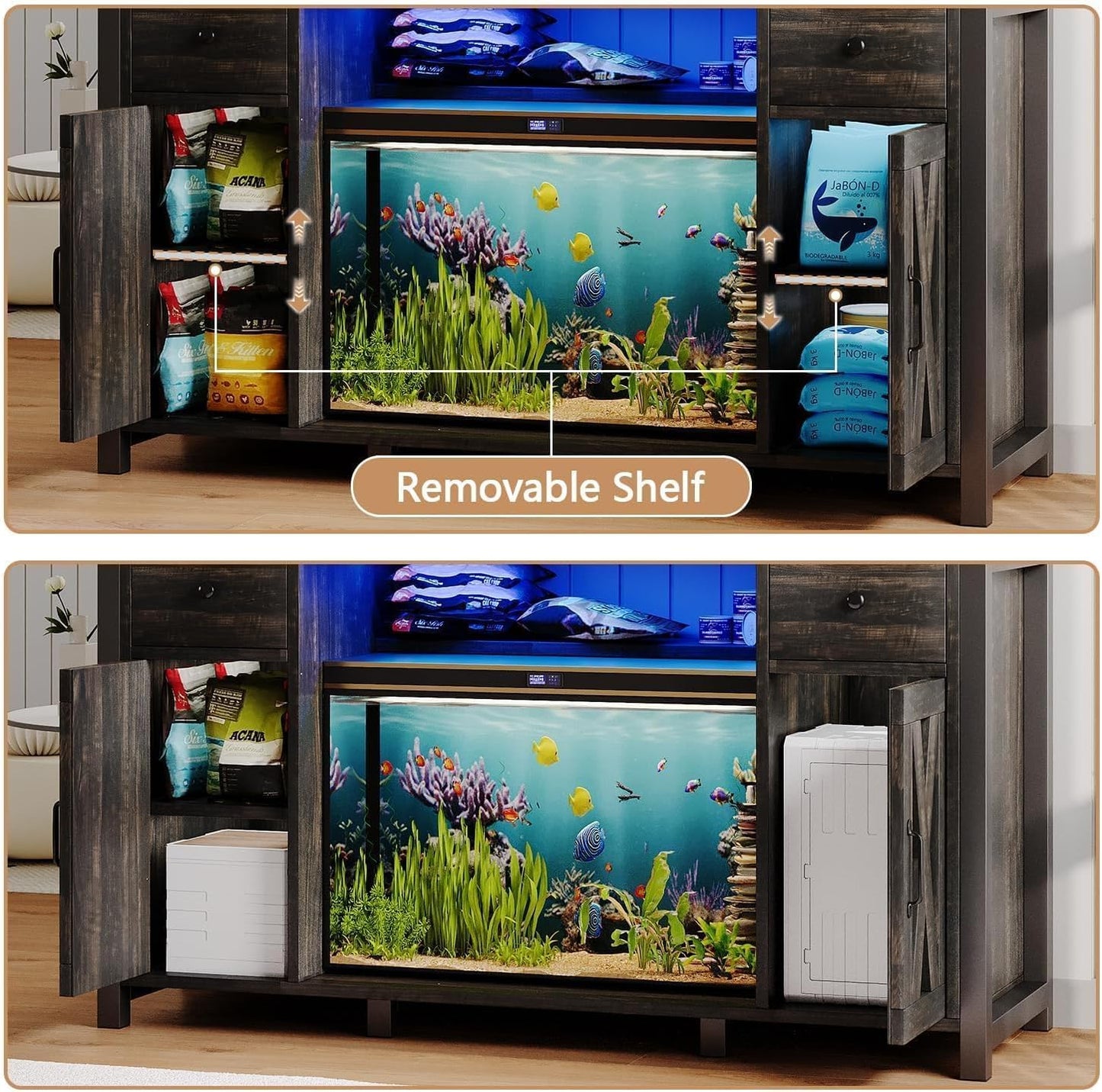 75 Gallon Fish Tank Stand with LED Light & Power Outlets, 55-75 Gallon Heavy Duty Metal Aquarium Stand with Drawers & Barn Doors, Cabinet for 2 Fish Tank Accessories Storage, Dark Oak