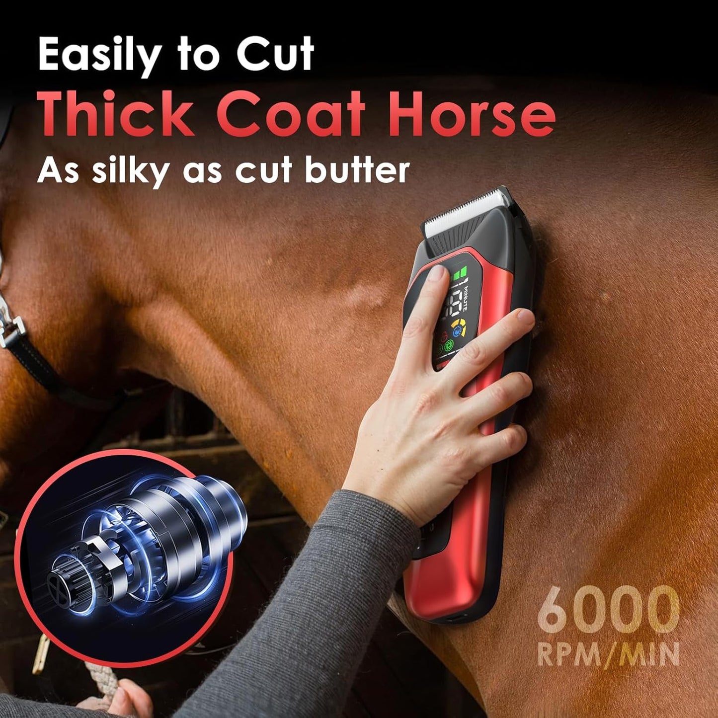 Horse Clippers Low Noise Rechargeble Horse Trimmer Kit, Pet Shaver for Heavy Thick Coats Grooming, 2-Speed Cordless Animal Shears for Horse, Sheep, Cats and Dogs