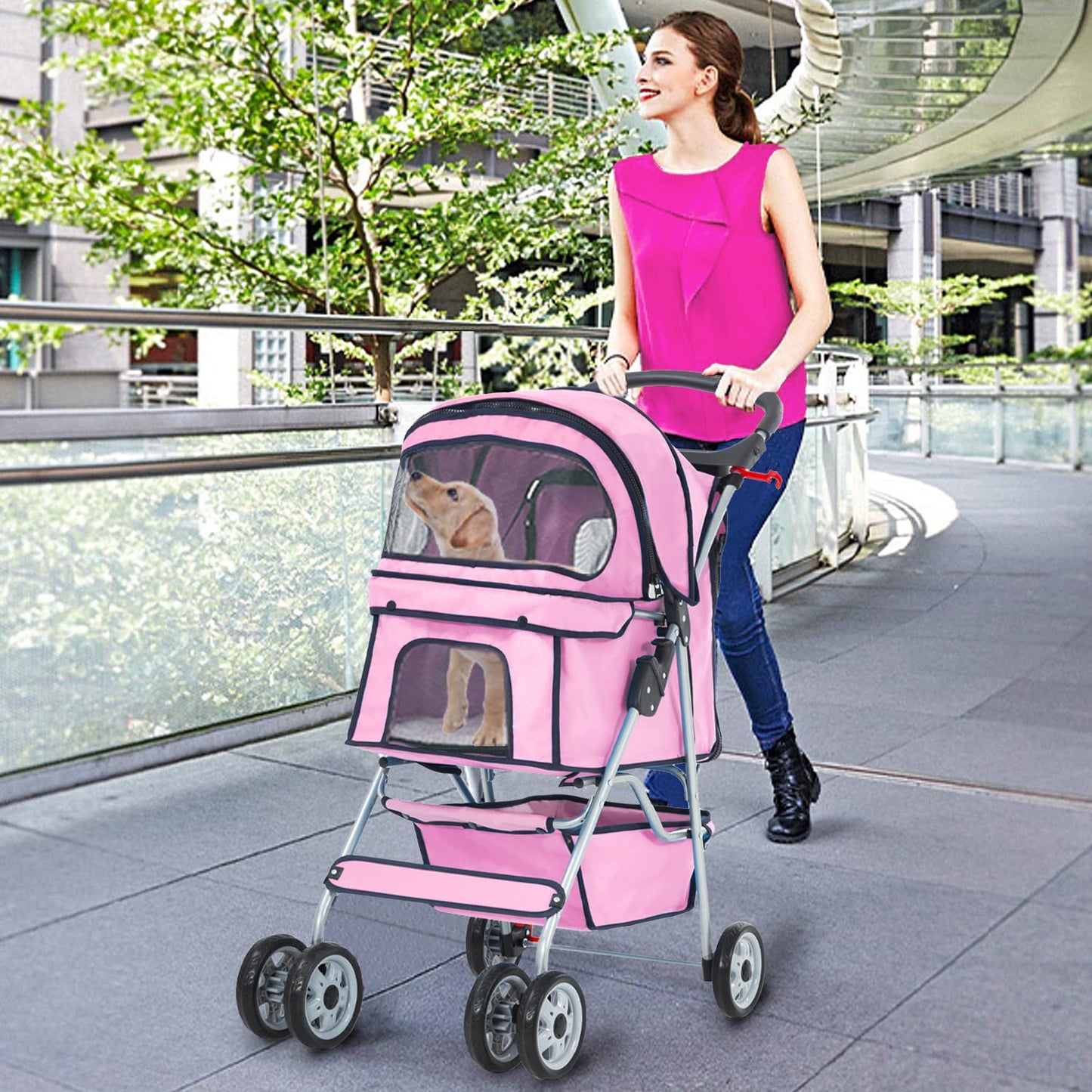 Dog Stroller, Folding 4 Wheels Pet Stroller for Small Medium Dog Cat Travel Carrier with Weather Cover Storage Basket Cup Holders Pink