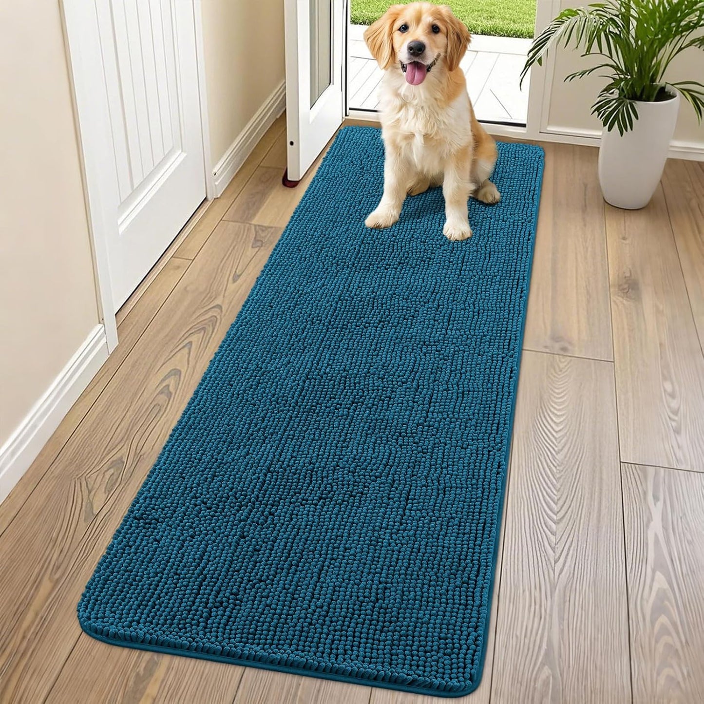 Smiry Dog Door Mat for Muddy Paws 70x24, Absorbs Moisture and Dirt Doormat, Non-Slip Washable Quick Dry Chenille Front Door Mat Indoor Entrance, Entryway Carpet for Inside Floor, Atlantic Blue