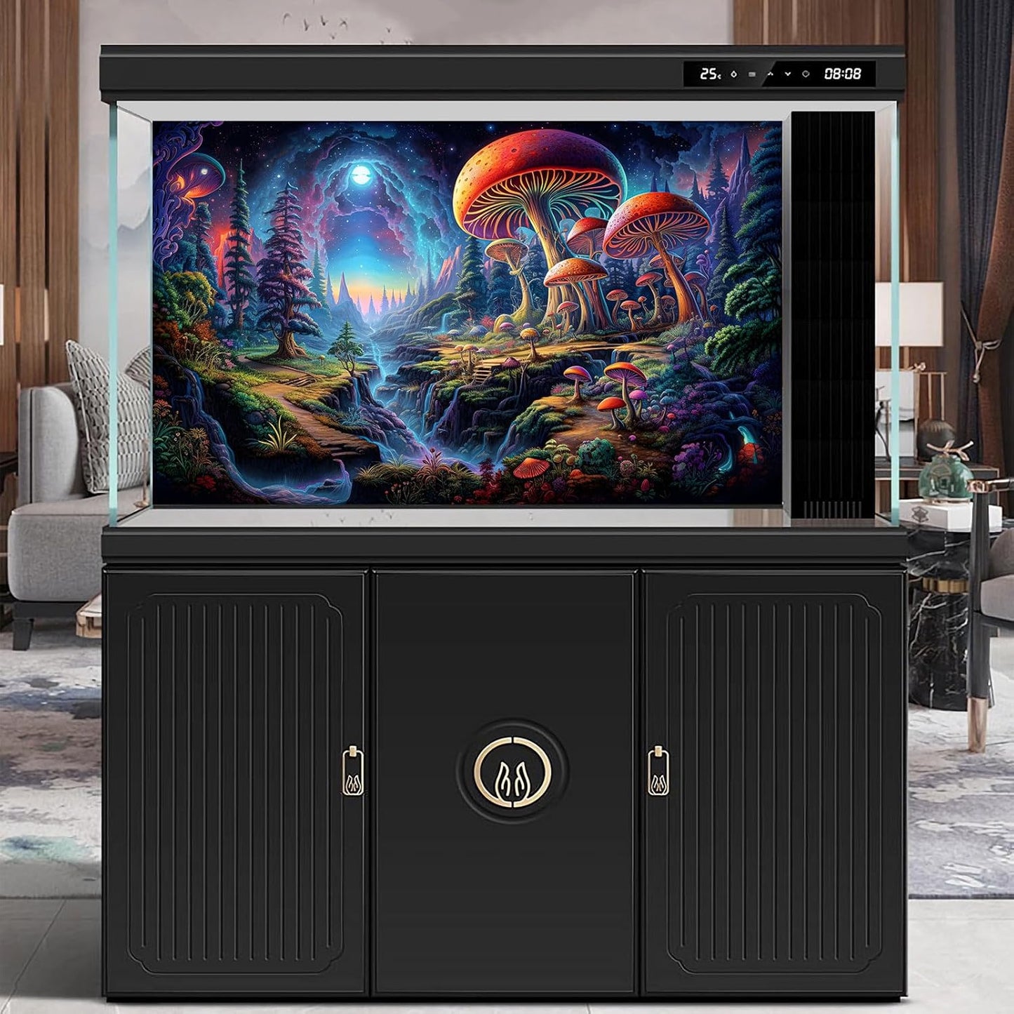 Forest Aquarium Background Fantastic Cartoon Forest Landscape with Mushrooms and Flowers Terrarium Background Fantasy Pine Tree Mysterious Mushroom Theme Fish Tank Backdrop Poster Decor 72x24in