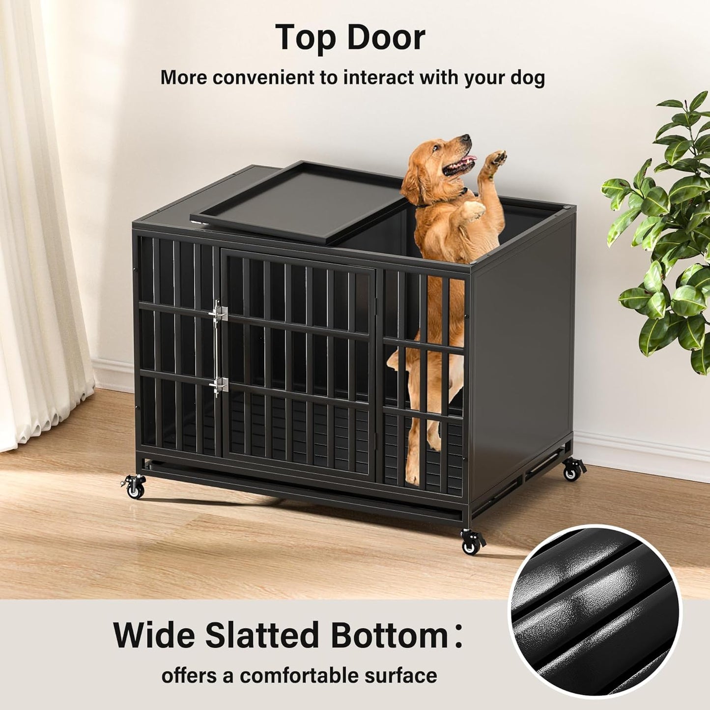 42 inch Heavy Duty Dog Crate with Self-Locking Latch, Indestructible Steel Large Kennel with Enclosed Design, Chew-Proof and Escape-Proof Pet Cage for High Anxiety Dogs