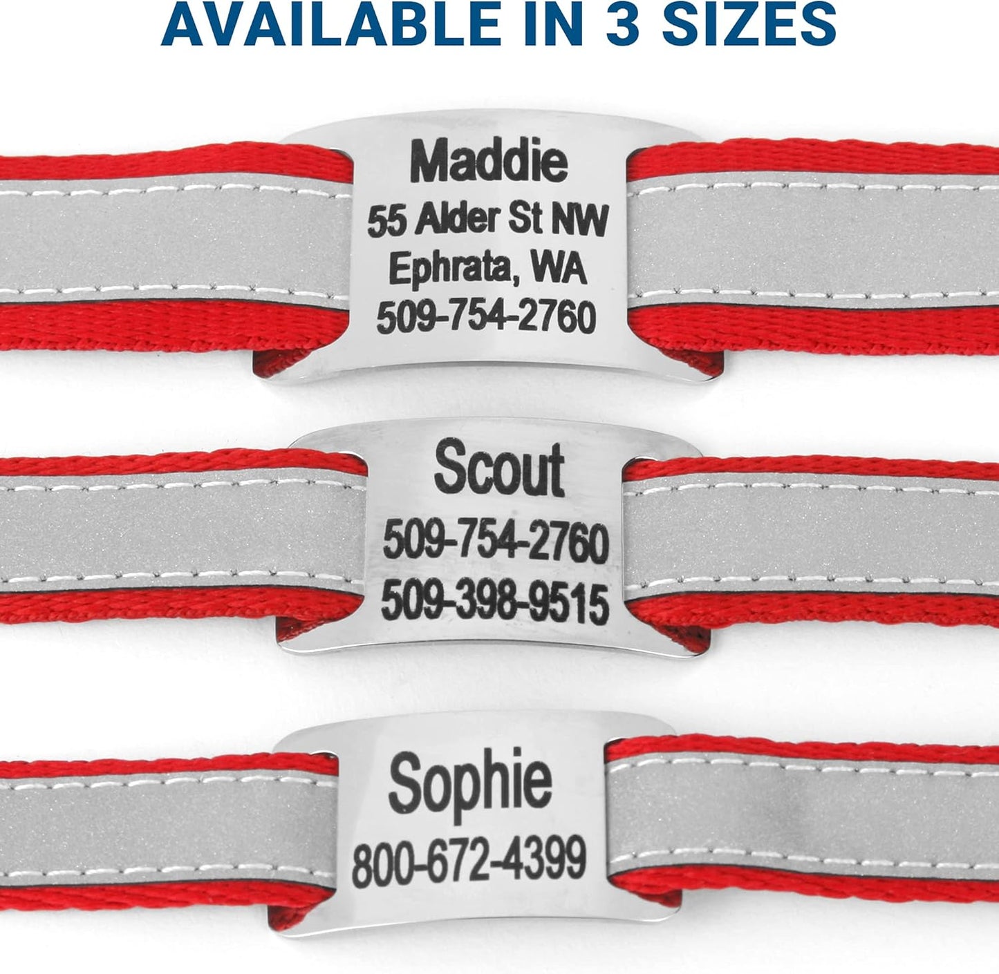 GoTags Reflective Personalized Dog Collar with Nameplate, Adjustable Dog Collar with Custom Engraved Steel Slide On Pet ID Tag, Silent, No Noise Dog Tag for Large Medium or Small (Red, Medium)