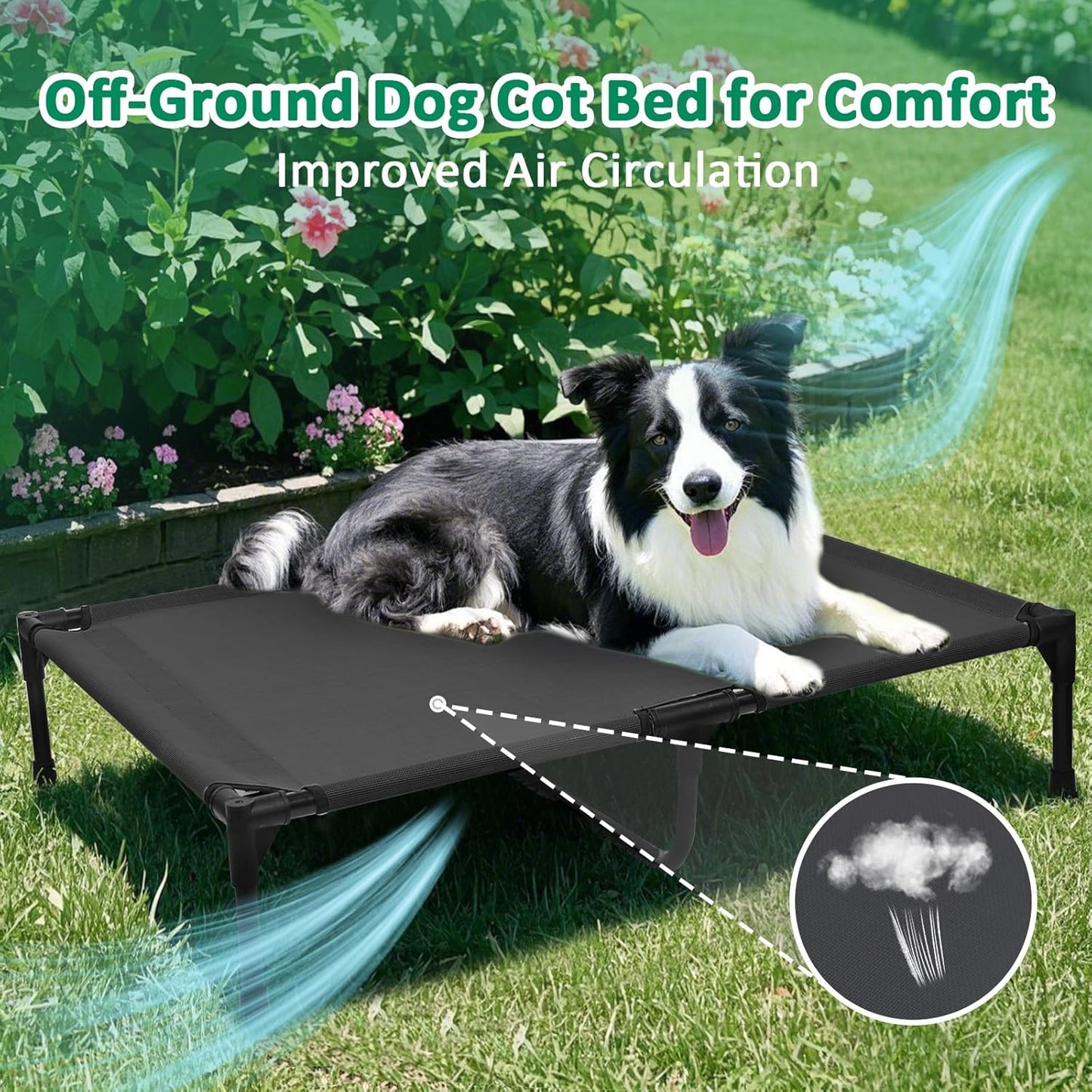 Elevated Dog Beds Large Sized Dogs, Cooling Raised Pet Bed with Frame & Breathable Mesh, Portable Indoor & Outdoor Lifted Dog Hammock Off Ground (L, Black)