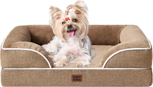 EHEYCIGA Orthopedic Dog Bed for Small Dogs, Waterproof Memory Foam Small Dog Beds with Sides, Non-Slip Bottom and Egg-Crate Foam Medium Pet Couch Bed with Washable Removable Cover, Camel