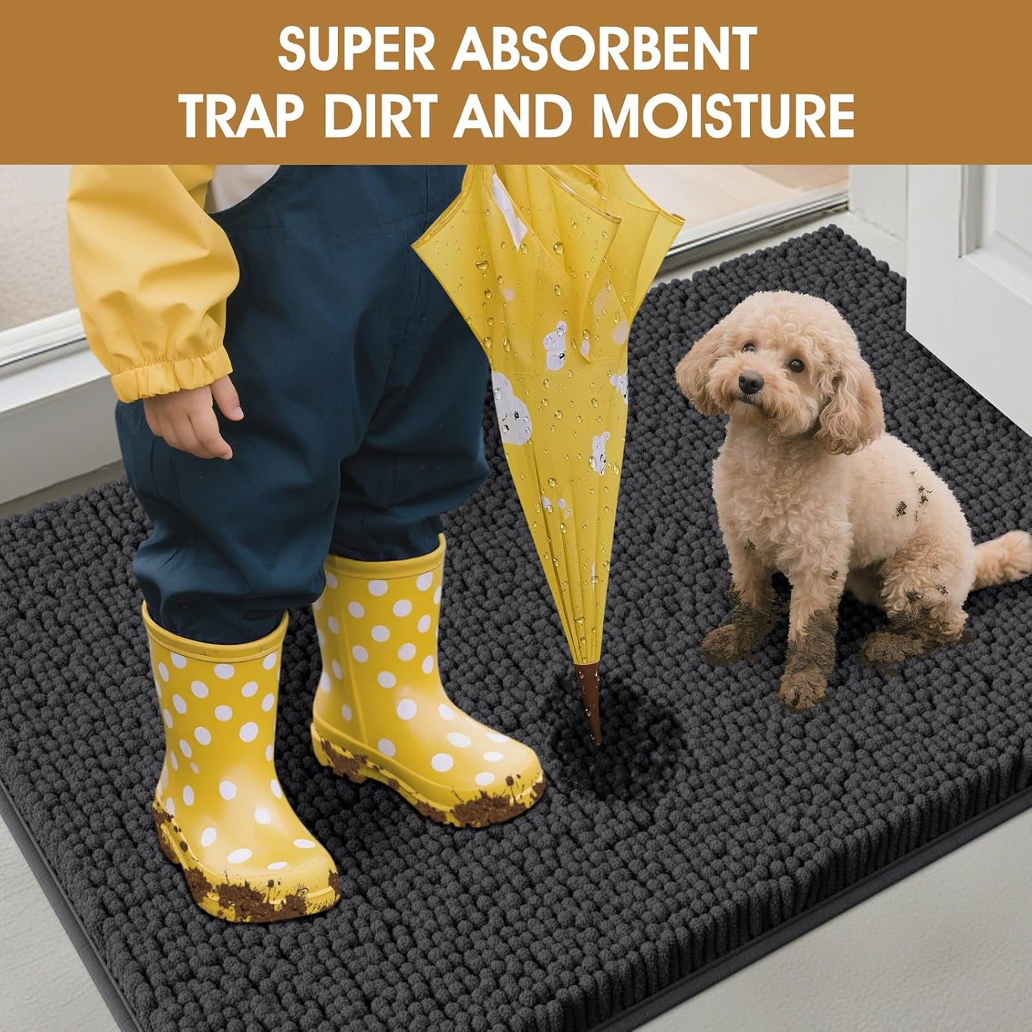 Dog Door Mats for Muddy Paws, Chenille Absorbent Dog Mats, Non Slip Heavy Mud Mat for Dogs, Soft Pet Mat for Entryway, Mud Paws, Inside Floor,48" x 38", Dark Grey