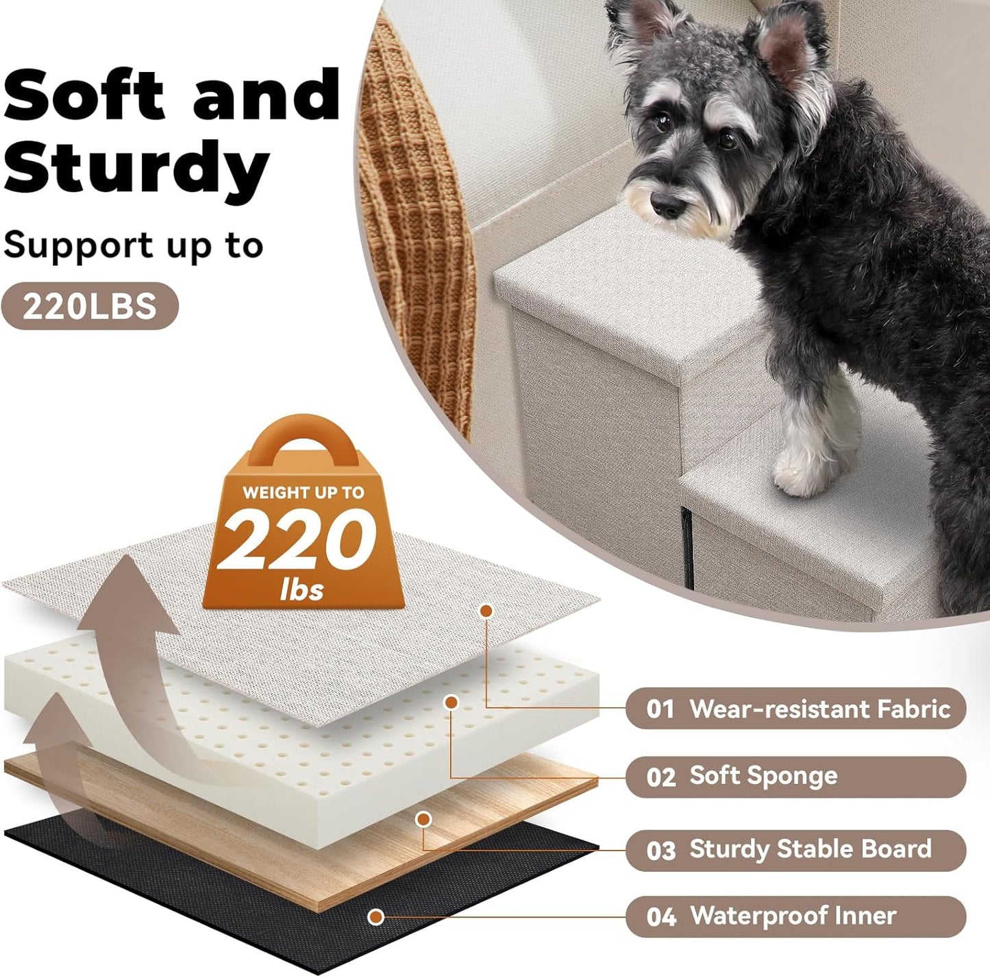 Dog Stairs with Storage 23" H, 4-Step Wider Dog Steps for High Beds Window, Folding Sturdy Pet Stairs Gift for Small/Medium/Large Old Dogs Cat, Ramp for Climbing Car Up to 200 lbs, Beige