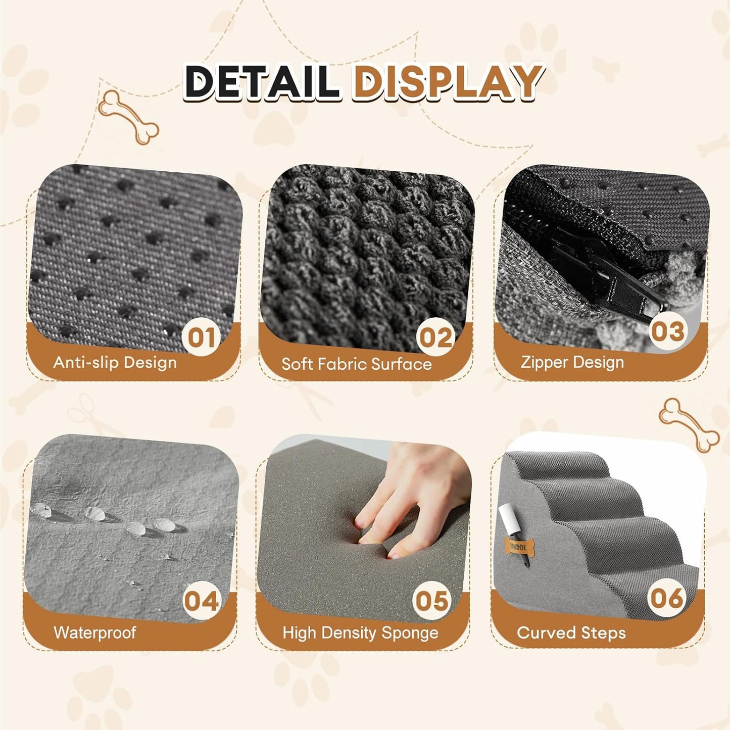 Dog Stairs, Romrol Dog Steps Ramp for High Bed and Couch, Dogs Ramp with Durable Non-Slip Waterproof Fabric Cover, Pet Stairs for Small Dogs and Cats or Pets Joints, 4-Tiers,Grey