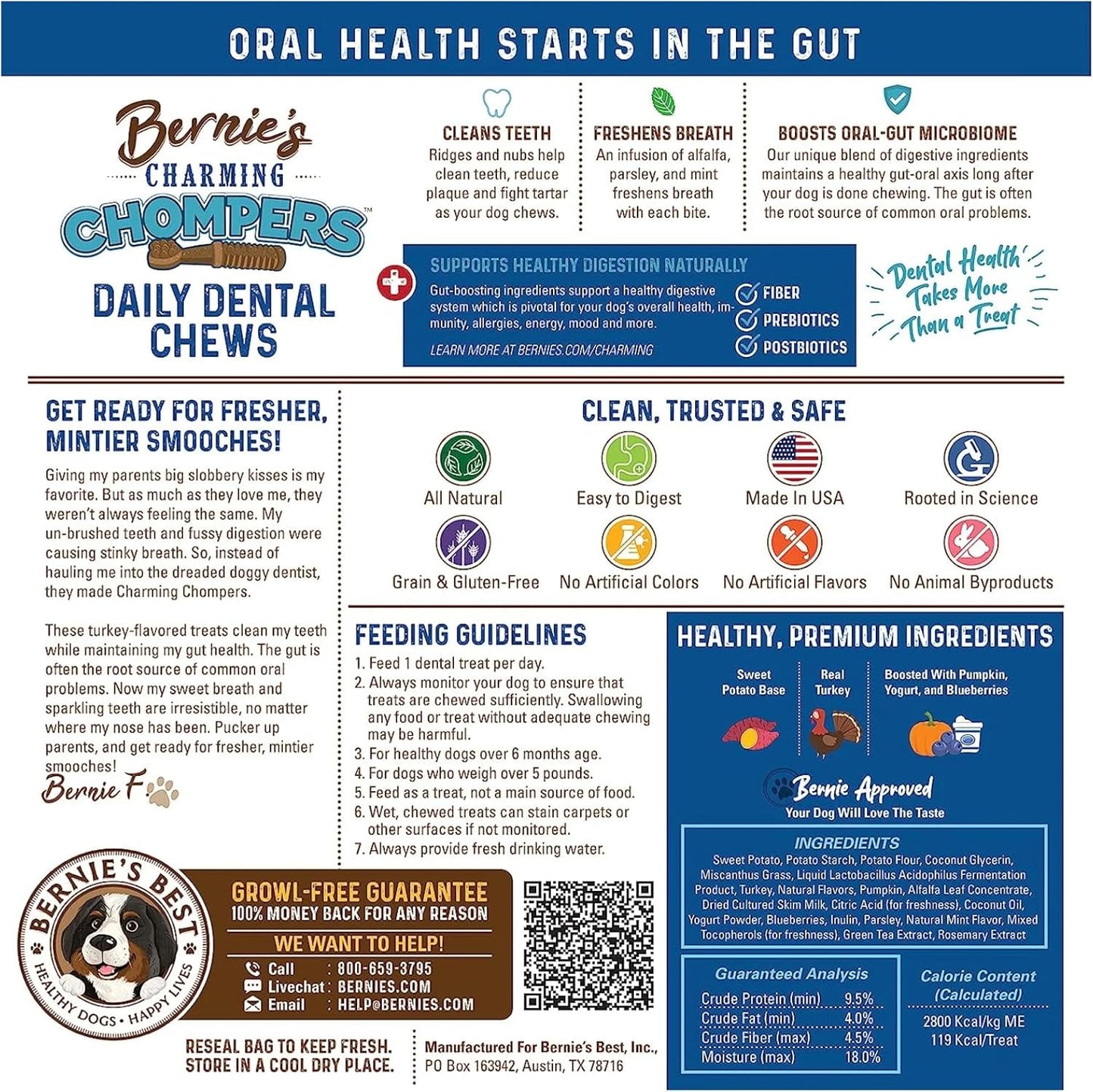 Bernie's Charming Chompers - Daily Dental Chews for Dogs 26-50 Lbs. - 36 Count - Cleans Teeth, Freshens Breath, + Boosts Oral-Gut Microbiome. Easy to Digest, Supports Healthy Digestion Naturally