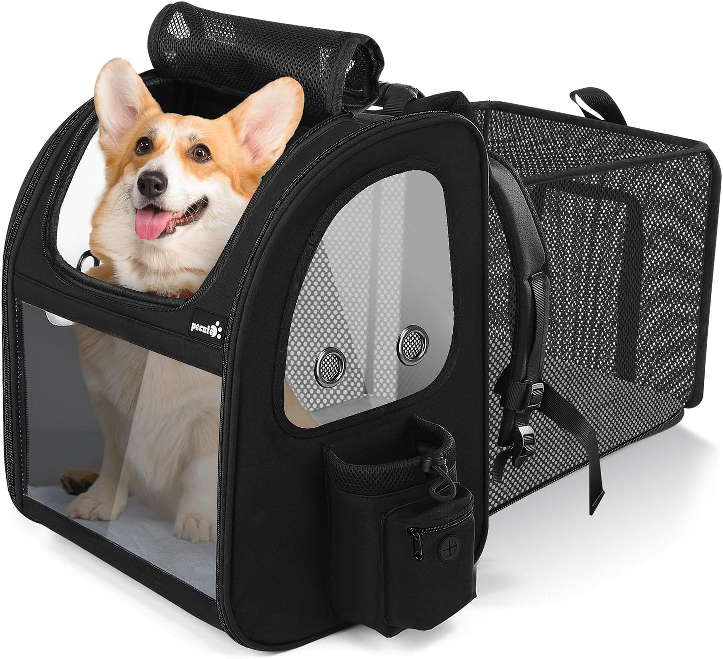 Pecute Pet Carrier Backpack, Large Cat Carrier Backpack, Expandable cat Backpack with Breathable Mesh for Medium Dogs Cats, or 2 Small Pets, Dog Backpack Carrier for Travel Hiking, Black
