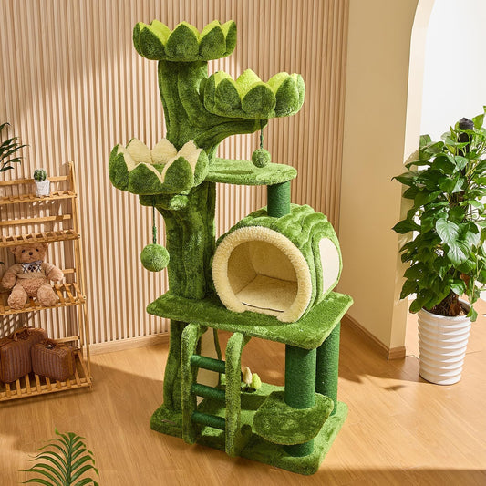 80.35'' Luxury Cat Tree for Indoor Cats, All-in-One Tall Flower Tower with Scratching Post, Multi-Level Heavy Duty Cat Tree for Indoor Cats, Solid Wood Cat Condo for Multi-Cat Families