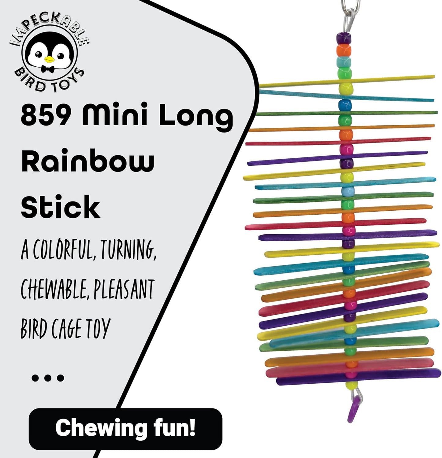 859 Mini Long Rainbow Stick - Handcrafted with Colorful Wooden Slats and Beads, Chewable sticks turn around as pets play, Great for Budgies, Parrotlets, Lovebirds and Small Pet Birds
