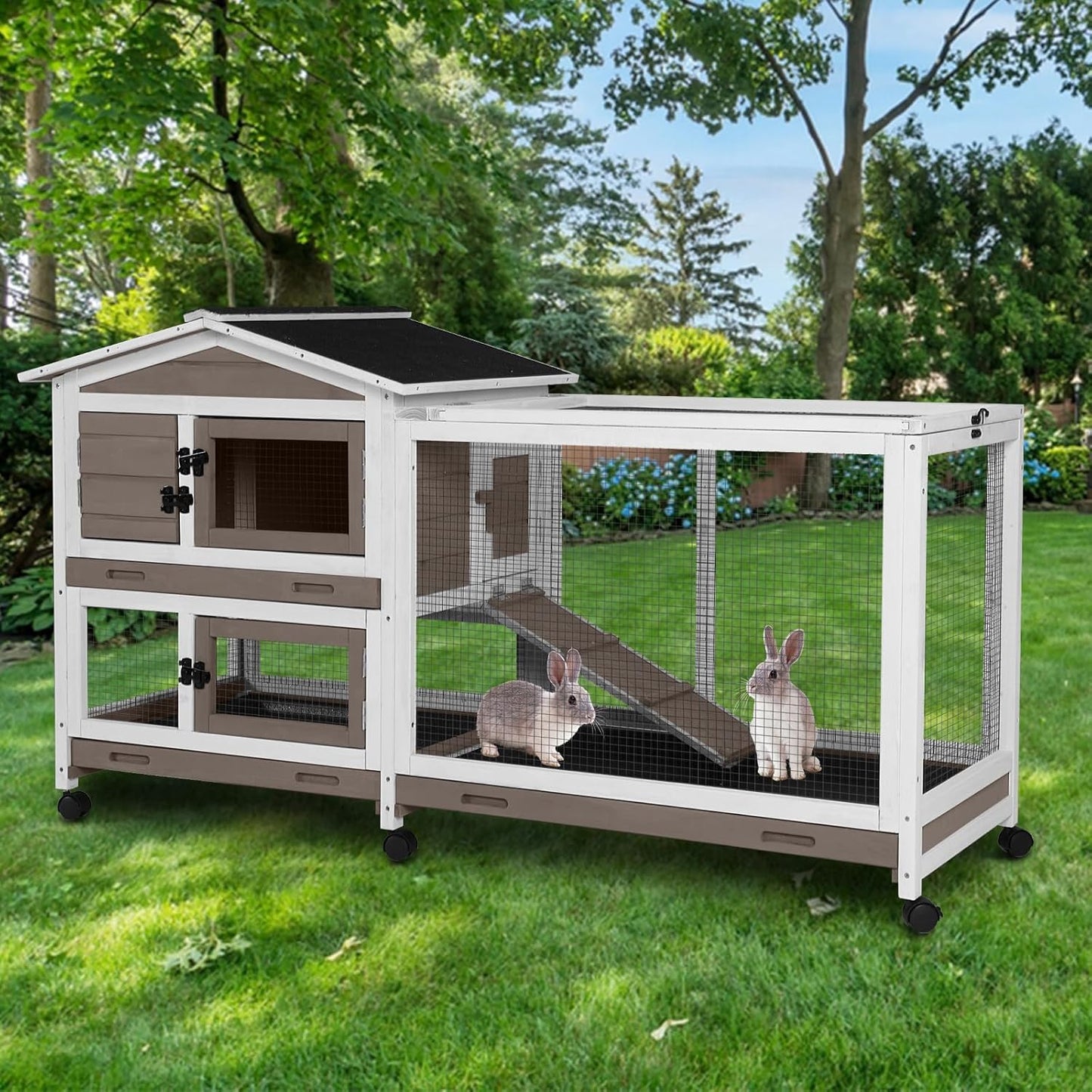 Aivituvin Rabbit Hutch Rabbit Cage Indoor with Casters Bunny Cage Outdoor for Small Animals with Pull-Out Tray