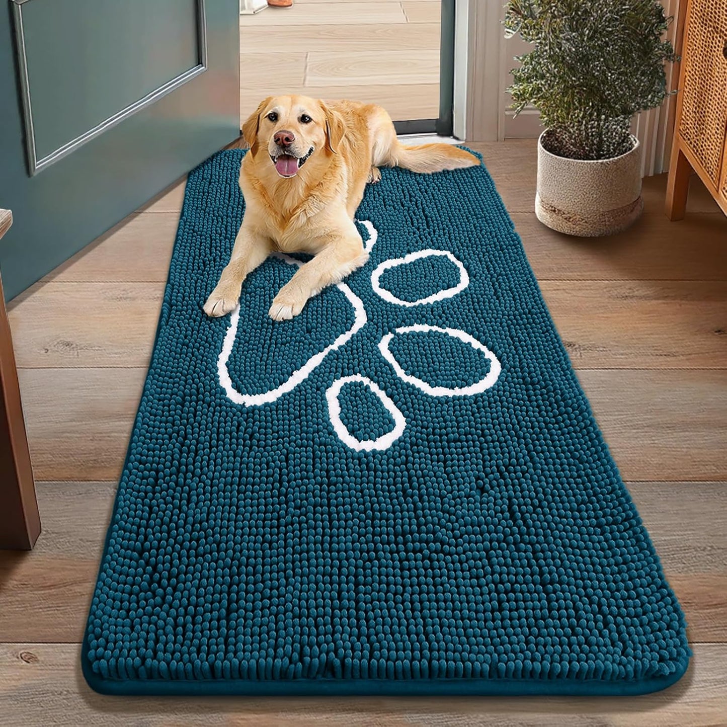 Smiry Dog Door Mat for Muddy Paws, Absorbent Dirt Trapper Non Slip Quick Dry Washable Chenille Mat for Mud Dogs, Entry Rug for Indoor and Outdoor (48x30 Inches, Atlantic Blue)