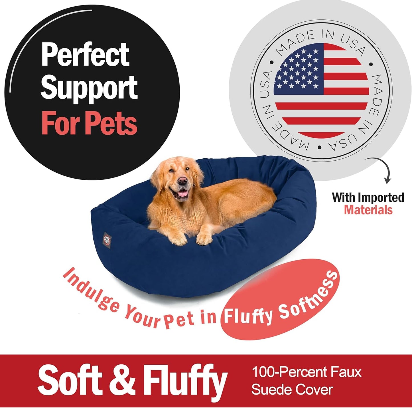 Majestic Pet 40 Inch Suede Calming Dog Bed Washable 40x29x9 (Inch) – Cozy Soft Round Donut Dog Bed with Spine Support for Dogs to Rest Their Head - Pet Bed Large – Navy (2025)