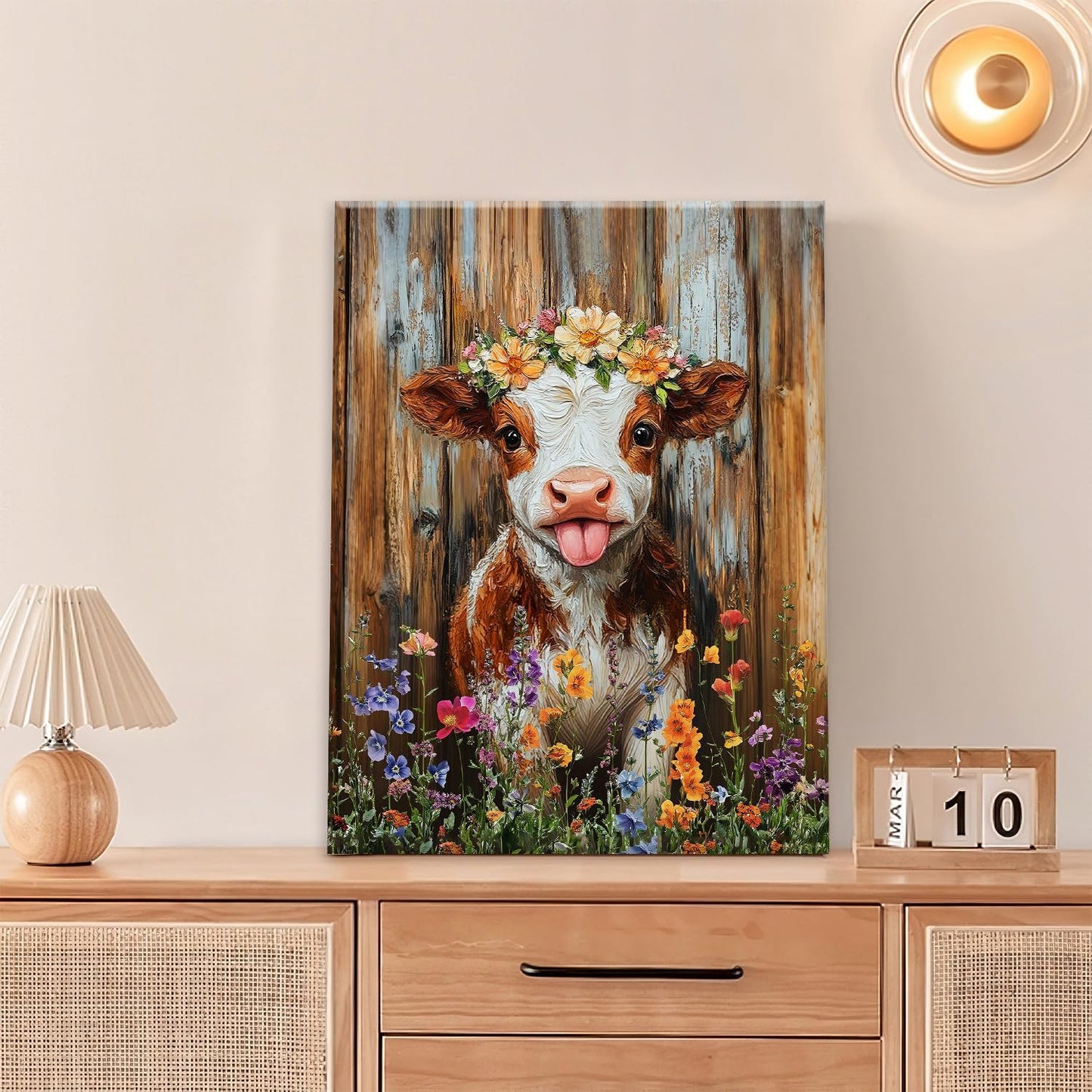 Funny Cow Bathroom Pictures Wall Art, Rustic Brown Cute Cow Bathroom Wall Decor, Farmhouse Floral Framed Painting Animal Flower Canvas Artwork for Bedroom Living Room Decorations 16"L x 12"W