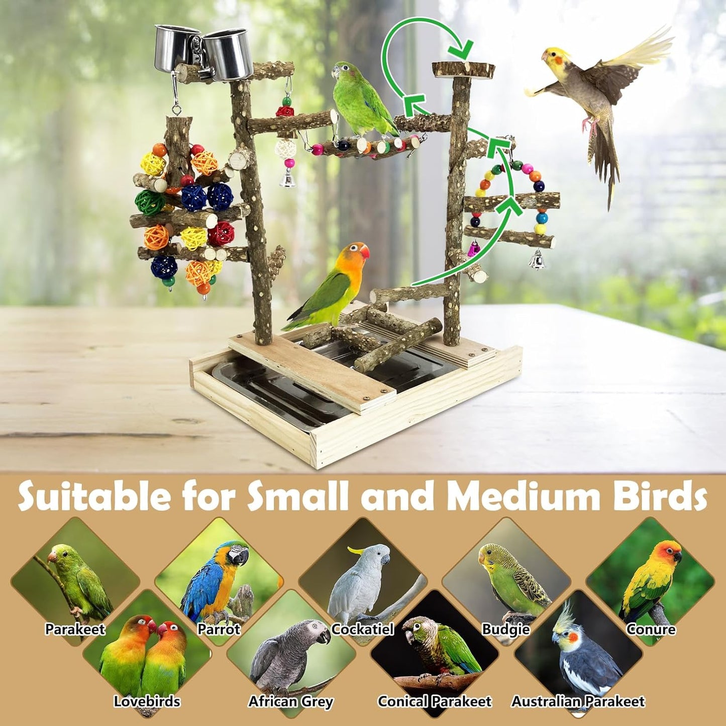 Tfwadmx Bird Playground Natural Wood Bird Play Stands Parrot Perch Stand with Removable Tray Climb Ladders Swing Chewing Toys for Lovebirds Cockatiels Budgies