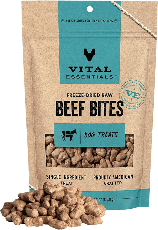 Vital Essentials Beef Bites Dog Treats, 6.2 oz | Freeze-Dried Raw | Single Protein | Premium Quality High Protein Training Treats | Grain Free, Gluten Free, Filler Free