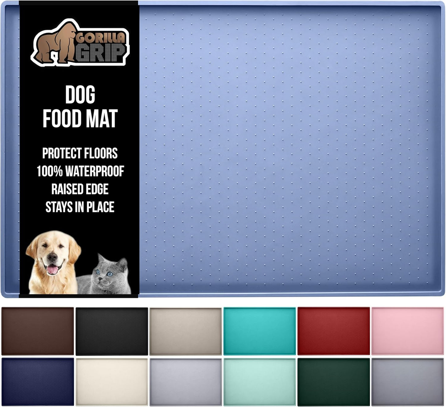 GORILLA GRIP 100% Waterproof Raised Edge BPA Free Silicone Pet Feeding Mat, Dog Cat Food Mats Contain Spills Protects Floors, Placemats for Cats and Dogs Water Bowl, Pets Accessories 23x15 Blue