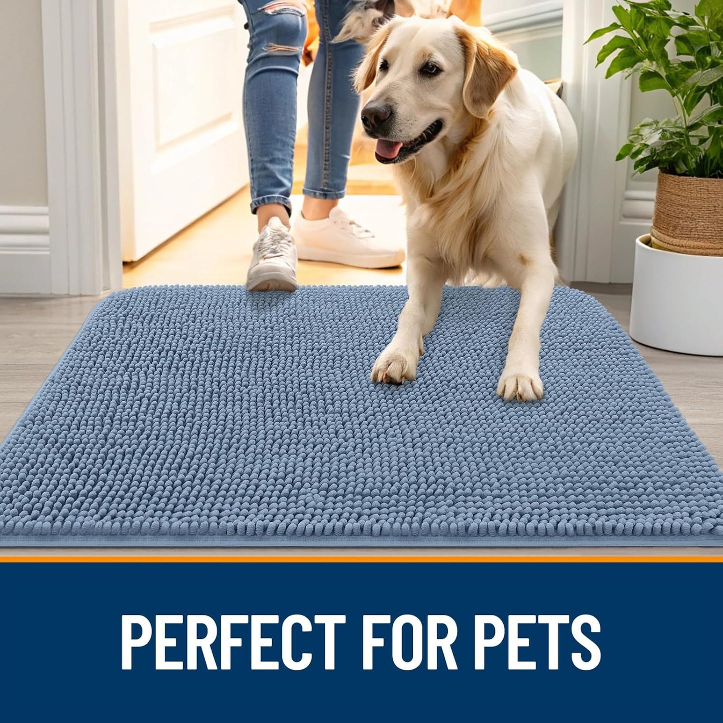 OLANLY Dog Door Mat for Muddy Paws 47x24, Absorbs Moisture and Dirt, Absorbent Non-Slip Washable Doormat, Quick Dry Chenille Mud Mat for Dogs, Entry Indoor Entryway Carpet for Inside Floor, Airy Blue