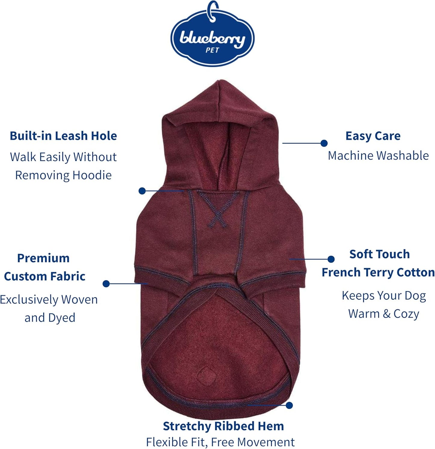 Blueberry Pet Dog Hoodie – 12″ Cotton‑Blend Mid‑Weight Sweatshirt with Hood, Award‑Winning Small‑Dog Jacket, Burgundy Red