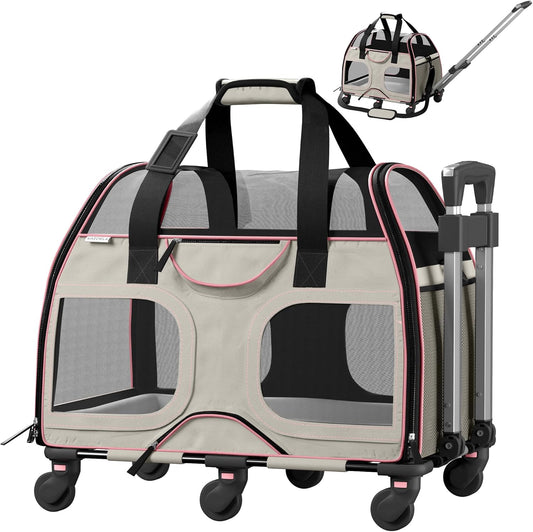 Katziela Pet Carrier - Airline Compliant Dog Carrier - TSA Approved Pet Carrier for Small Dogs and Cats - Soft FAA Travel Airplane Dog Carrier Luggage (Gray/Pink-6 Wheels)