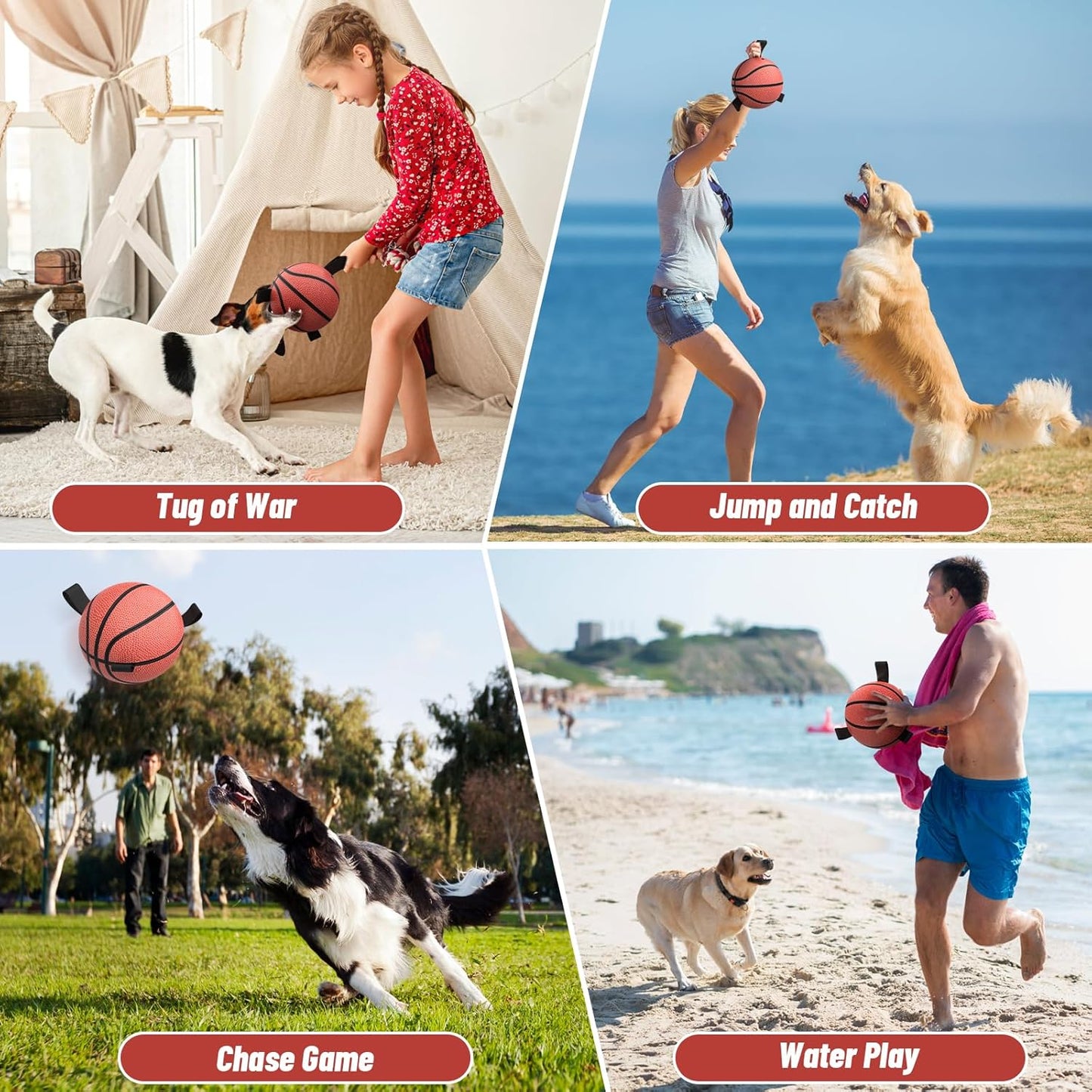 QDAN Dog Ball Basketball Toys, Balls with Straps, Dog Water Toy Pool Toys for Small Medium Dogs (6 Inch)