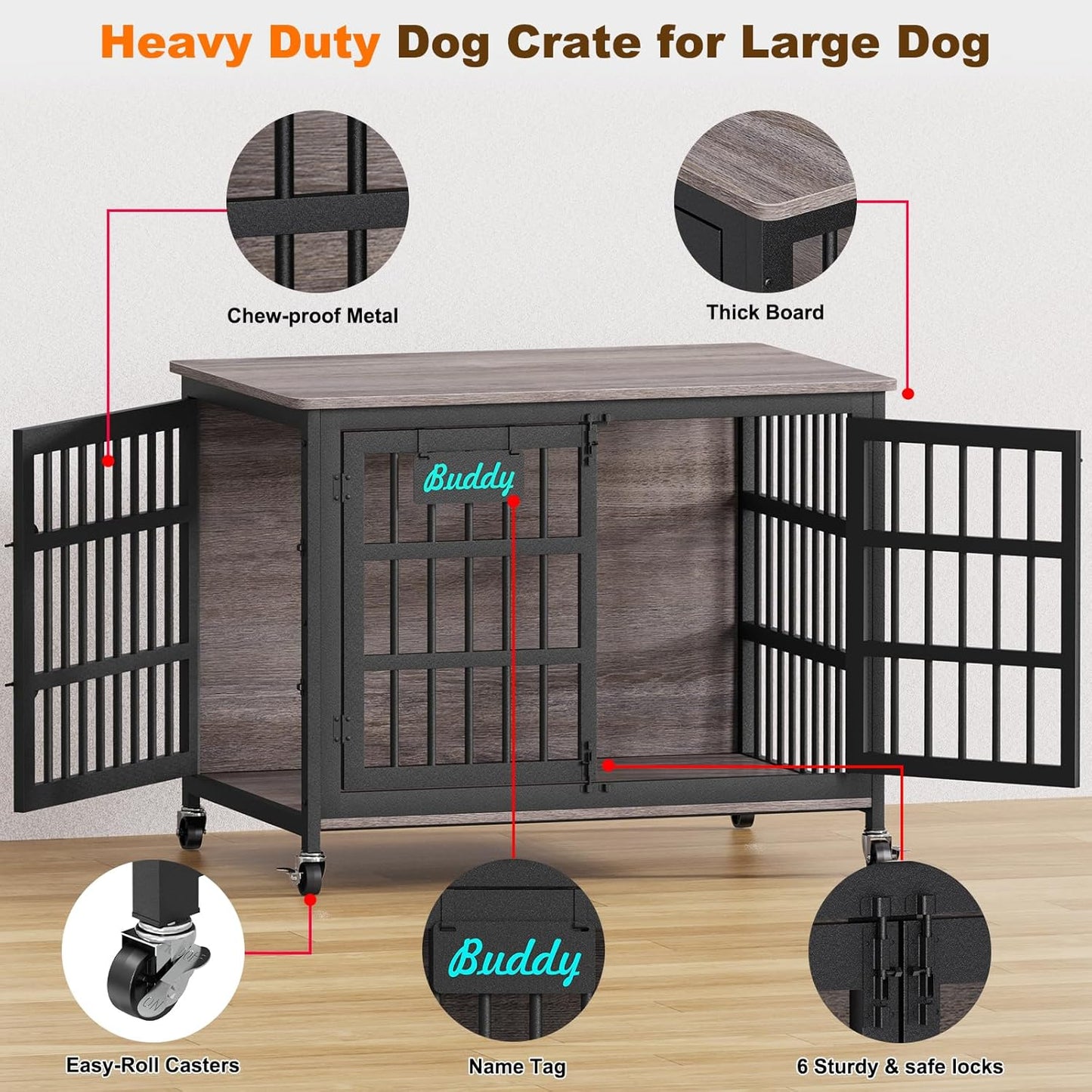 EasyCom 41"/33"/27" Dog Crate Furniture with Name Tag, Heavy Duty Dog Kennel Indoor for Medium Dogs, Double-Doors Sturdy Metal Dog Cage for Anxiety Dog, Decorate House as TV Stand, End Table