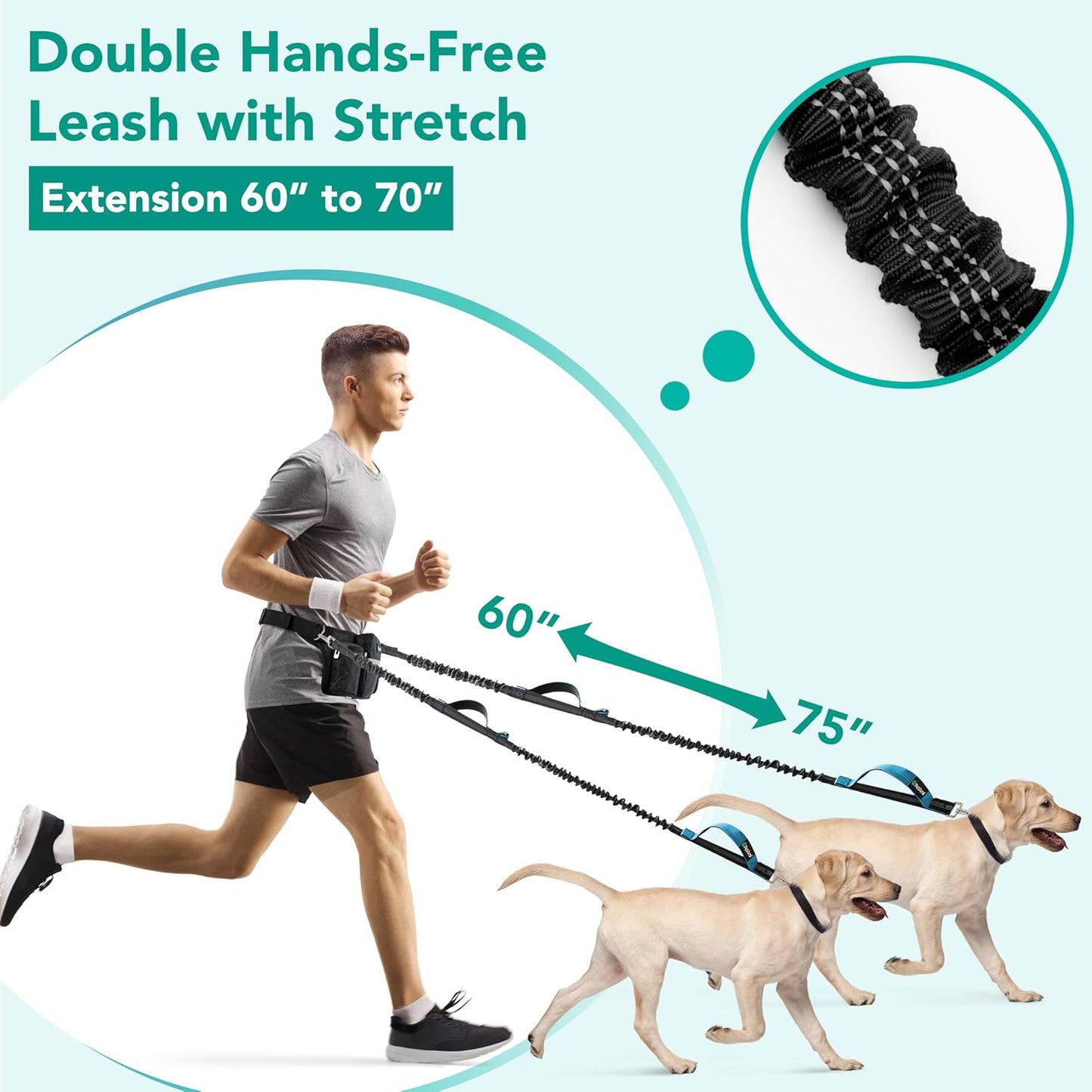 PetAmi Premium Hands Free Dog Leash for 2 Dogs, Adjustable Waist Belt Leash for Dog Walking, Fanny Pack Accessories Bag Dual Bungee Leash for Running, Hiking, Jogging, Biking, Black