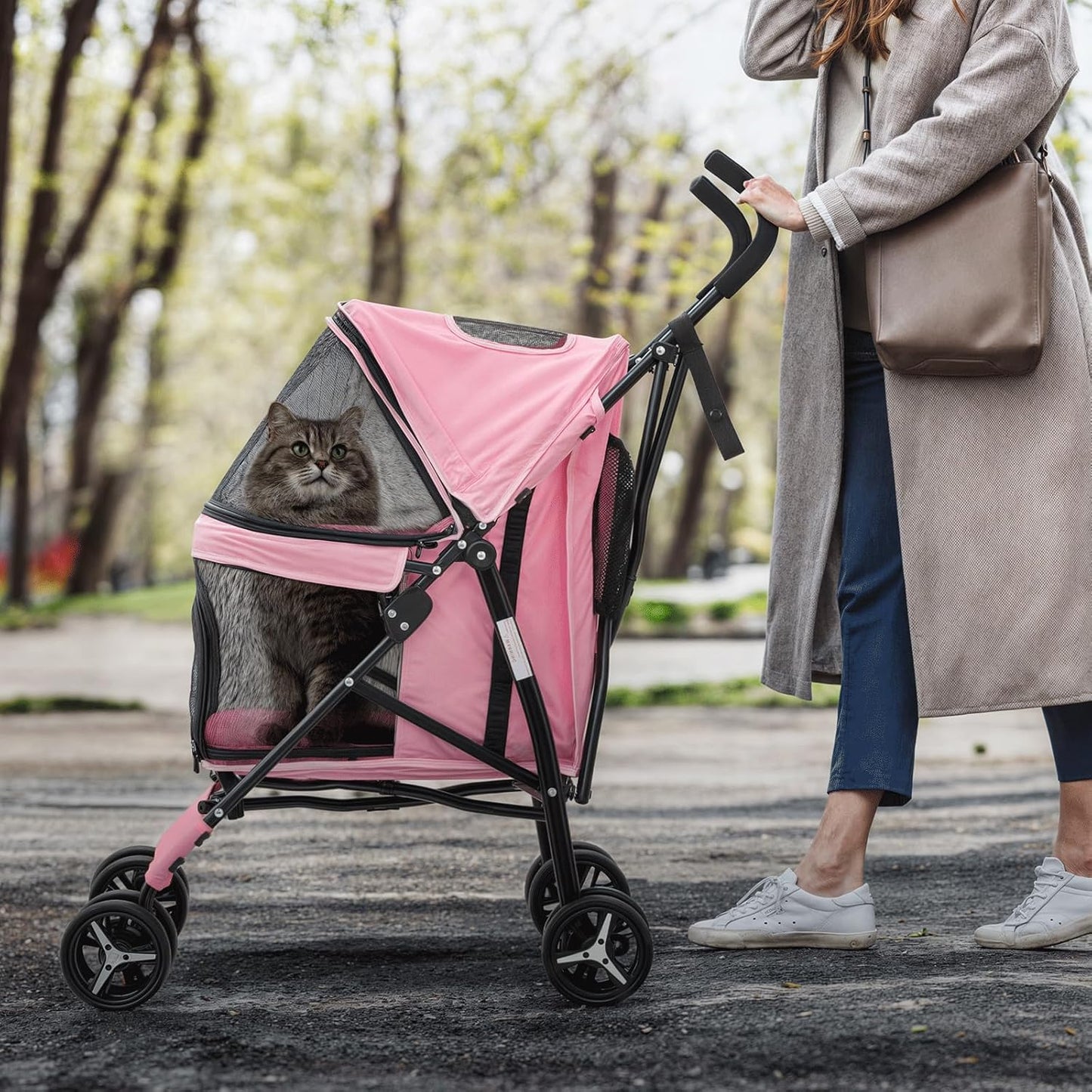 MoNiBloom 4 Wheels Pet Stroller, Easy-Fold Puppy Cage Jogger Stroller with Sun Cover, Pad and Rear Storage Bag, Breathable and Visible Mesh for Small/Medium Pets up to 22 lbs, Pink
