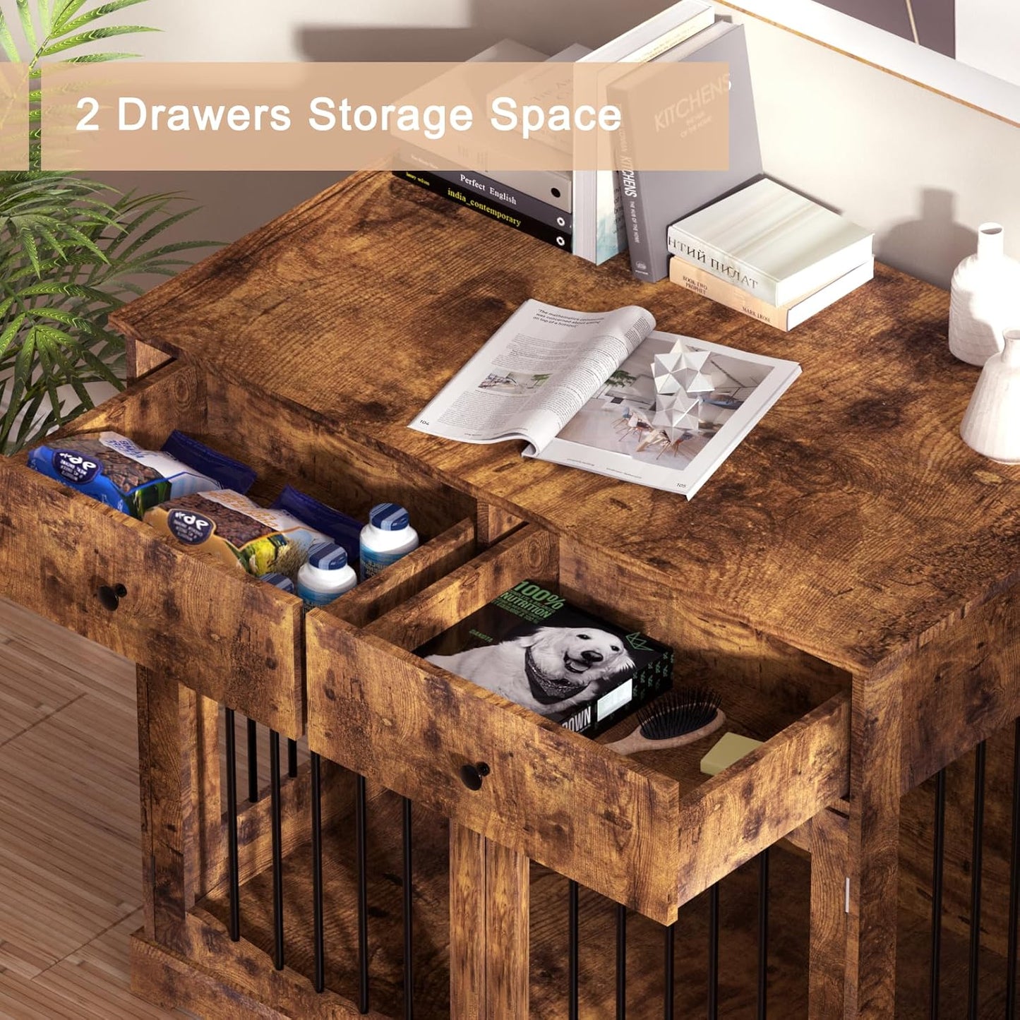 BREEZEHEAT 40 inch Dog Crate Furniture-Farmhouse Dog Kennel with Drawers-End Table Wooden Pet Crate, Double Door Design, Decorative Dog House Indoor for Small Medium Large Dog,Brwon