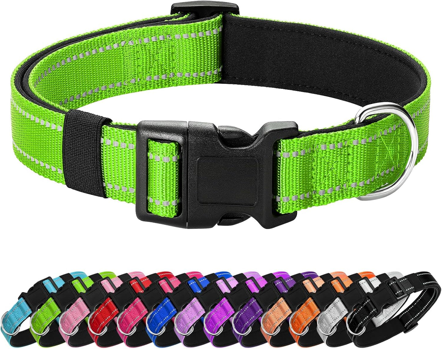 Reflective Dog Collar Padded with Soft Neoprene Breathable Quick Release Basic Dog Collars for Large Dogs Green Boy Girl