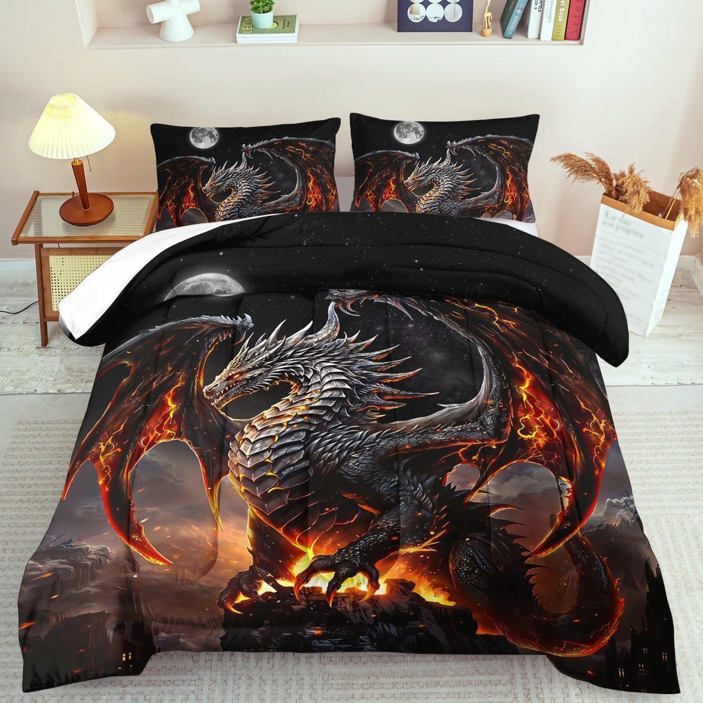 Black Dragon Comforter Set King Adult,Flame Dragon Bedding Set for Boys,Magical Beast Bedding Fantasy Animal Comforter Beedroom Decor,Magical Beast Quilt Bed Decor