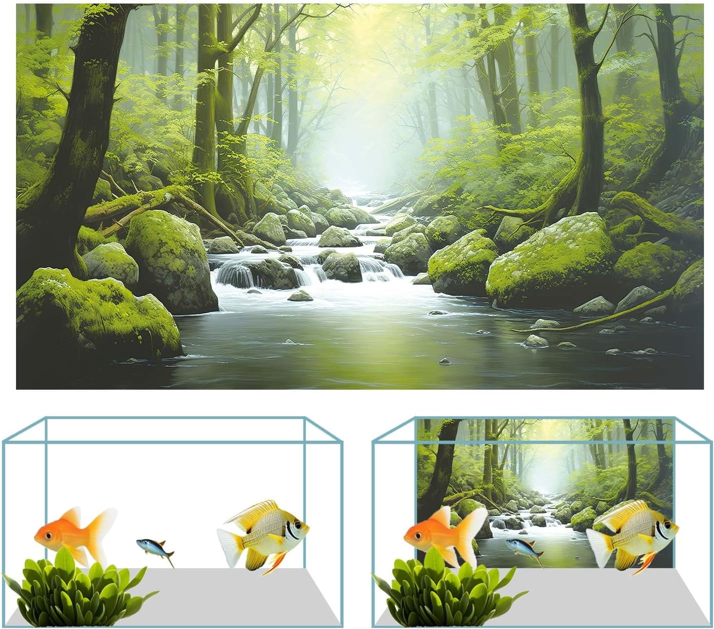 36X24IN Tropical Forest Terrarium Background, Natural Green Forest Tree Reptile Habitat Background, Misty Rainforest Aquarium Background, with 8 EVA Double-Sided Tape