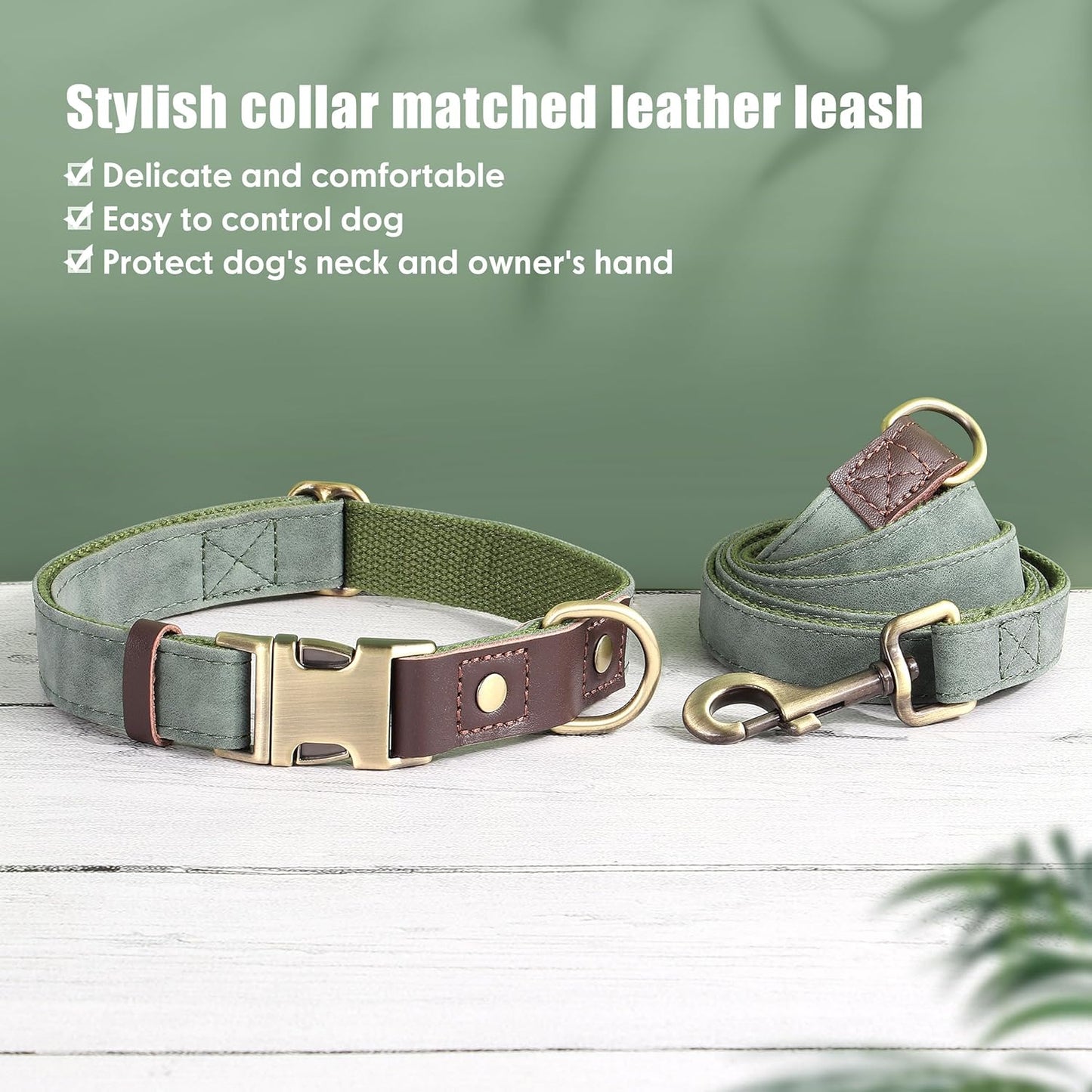 Didog Soft PU Leather Dog Collars for Medium Dogs,Classic Adjustable Dog Collars with Quick Release Metal Buckle,Easy Clean and Comfortable with Nylon Lining,Green,M Neck 13-19"